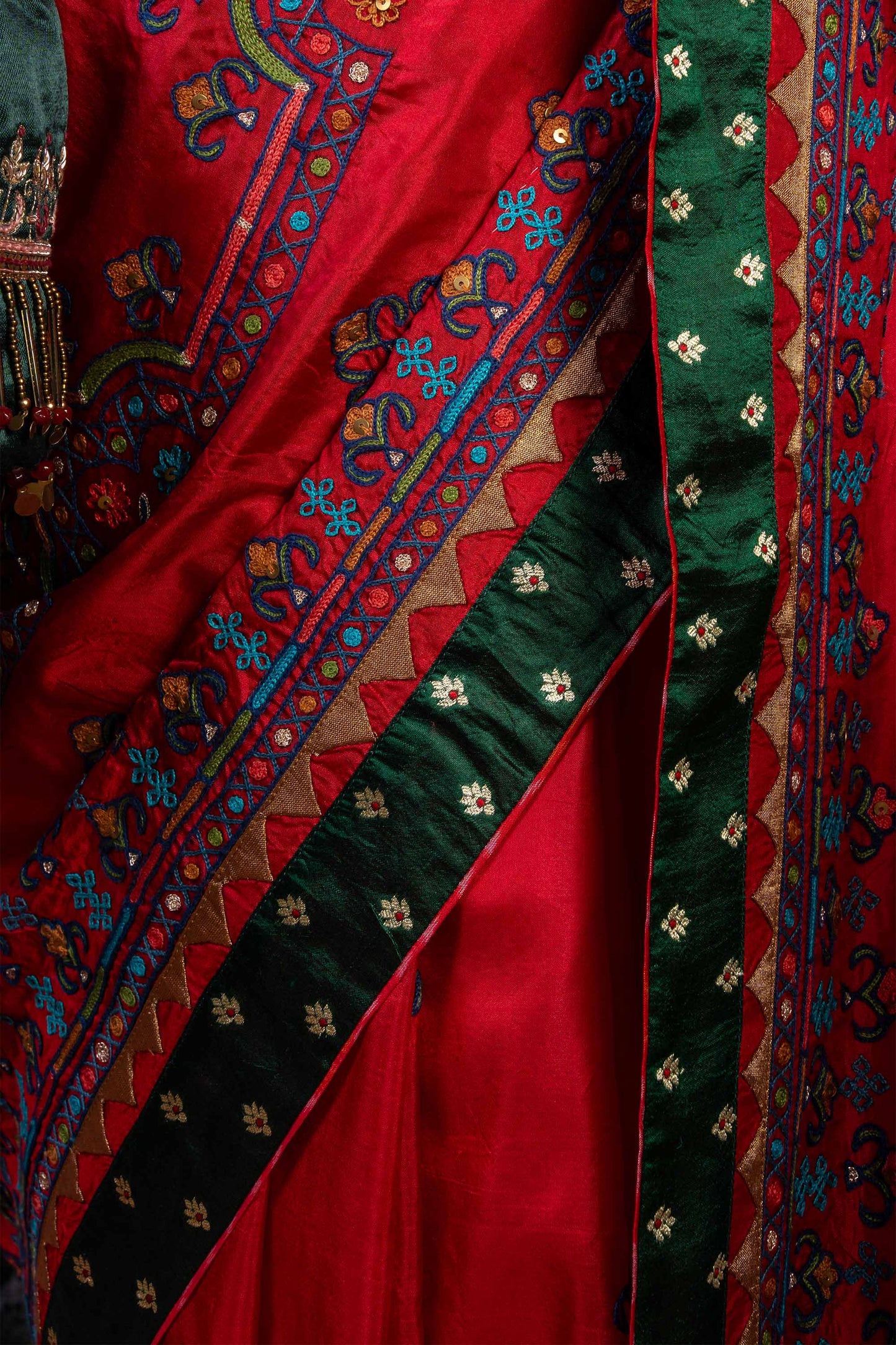 Handcrafted Bright Red Silk Saree With Aari Embroidery