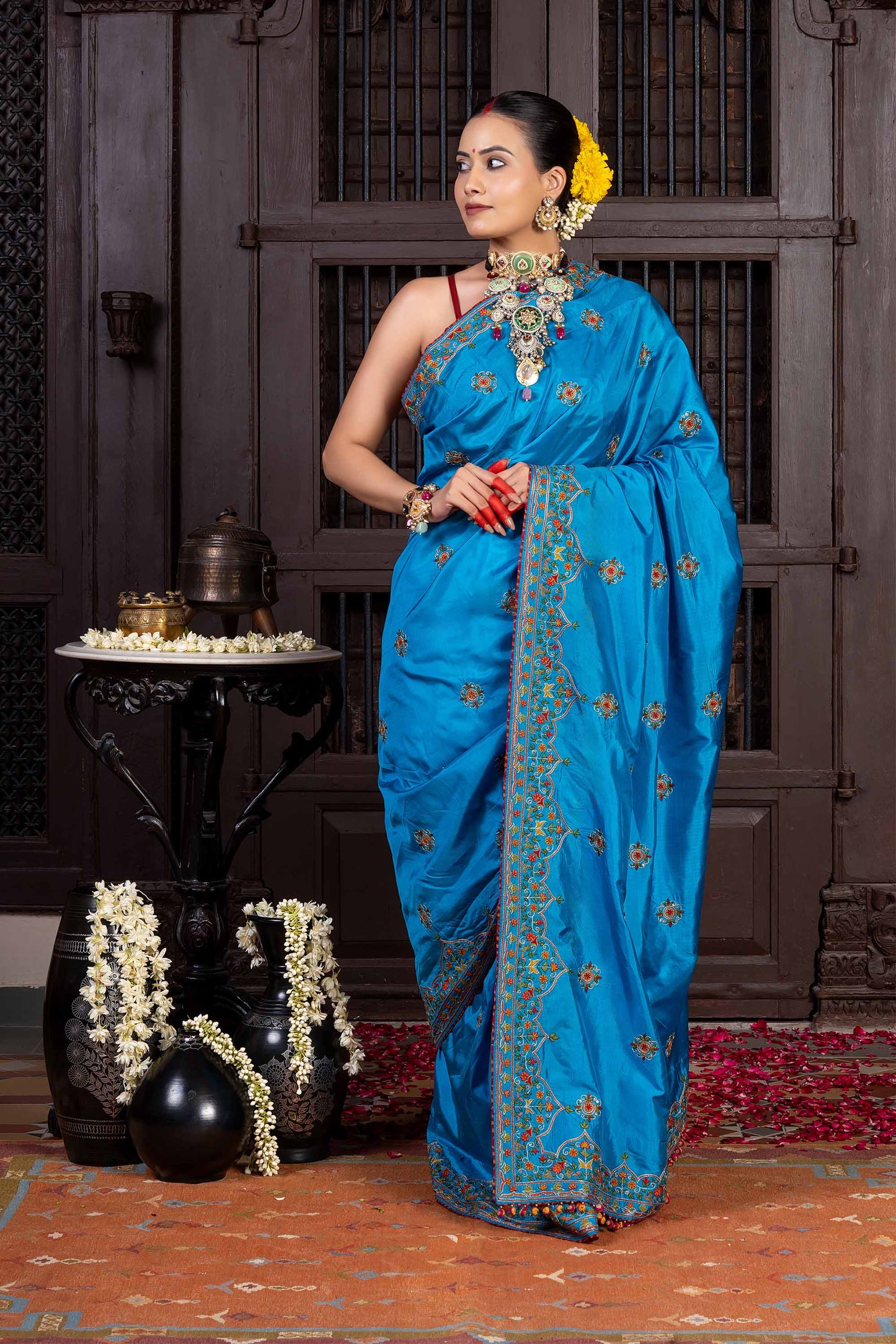 Handcrafted Bright Blue Silk Saree With Khat Embroidery