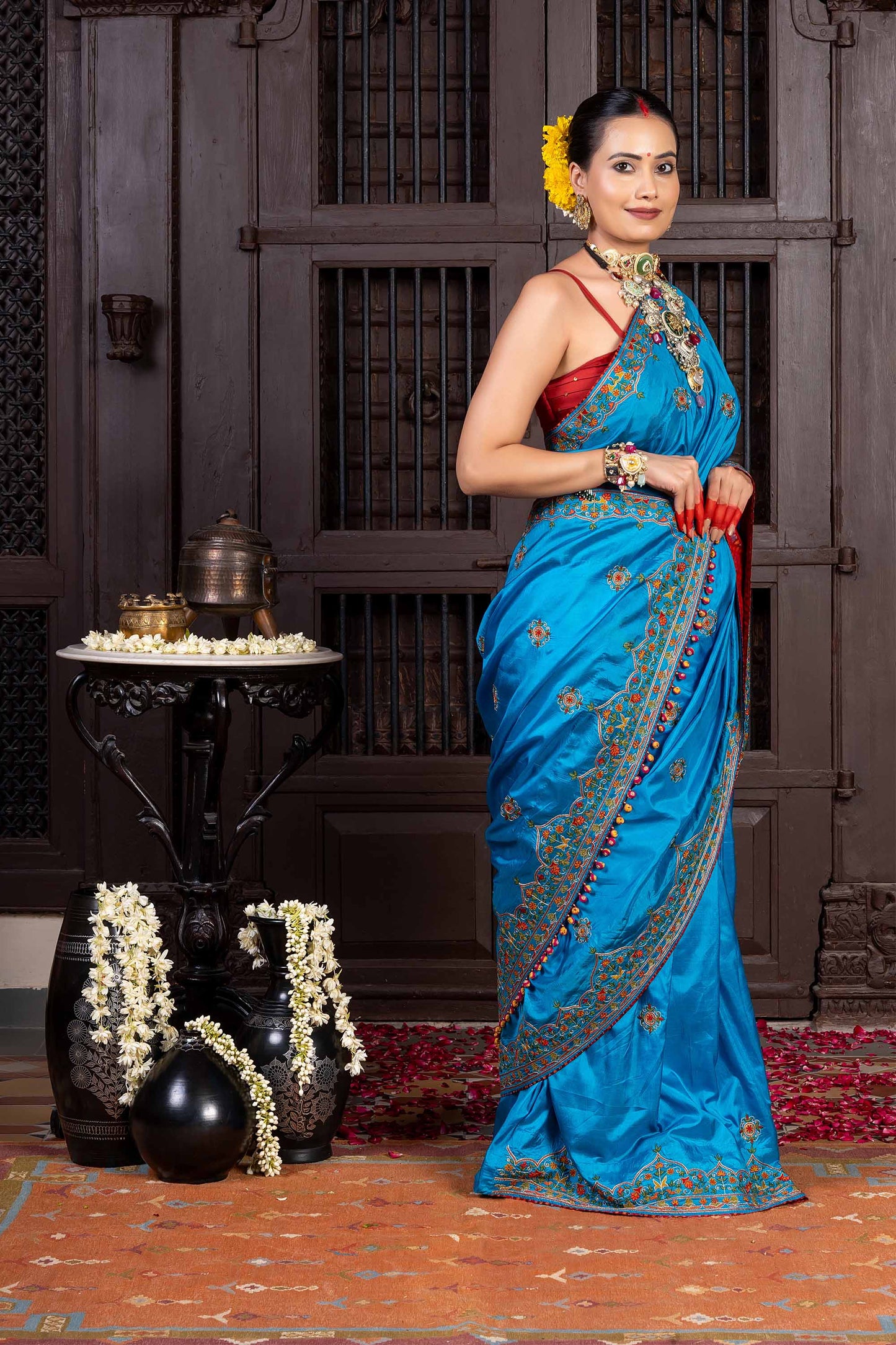 Handcrafted Bright Blue Silk Saree With Khat Embroidery