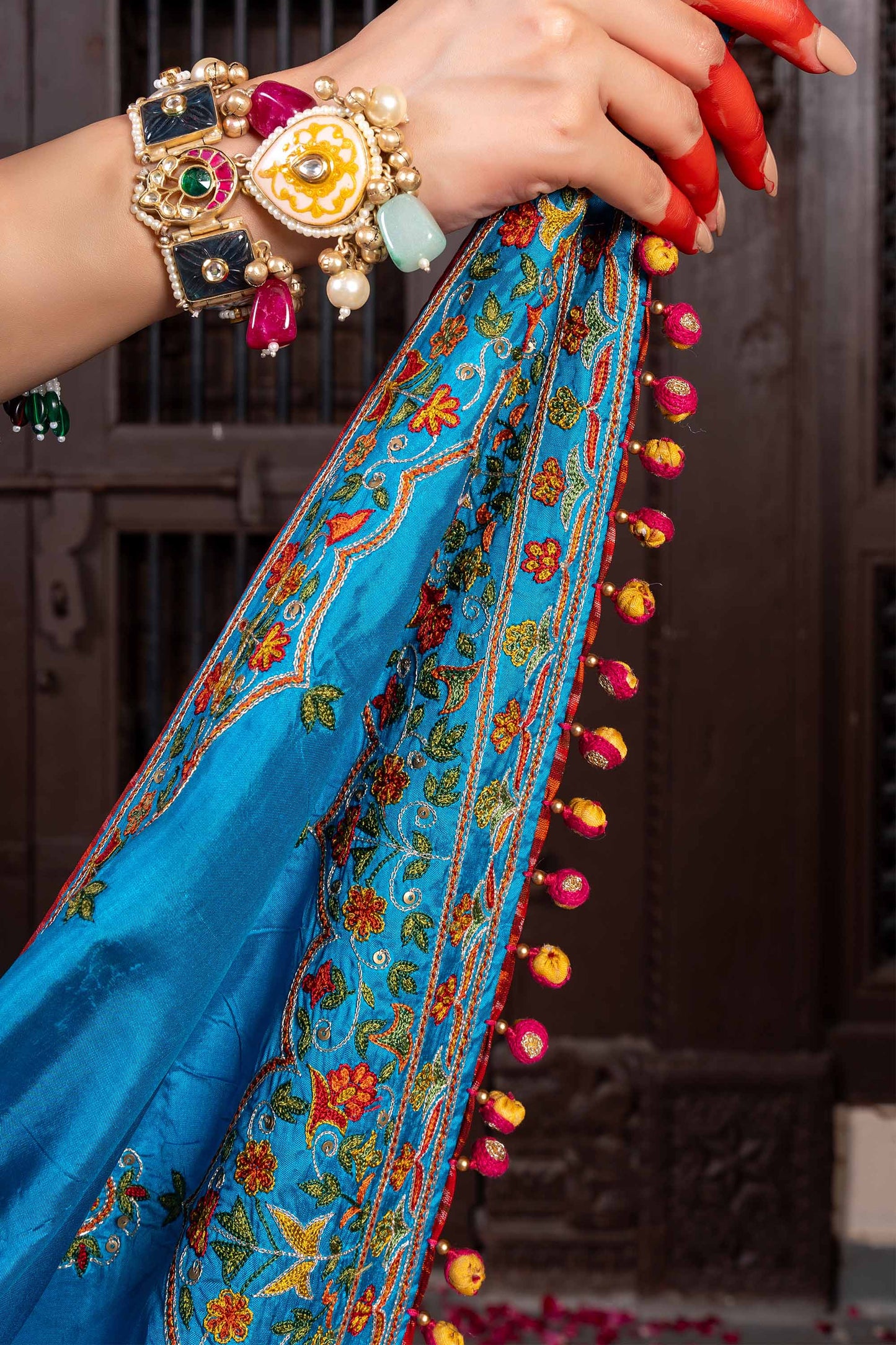 Handcrafted Bright Blue Silk Saree With Khat Embroidery