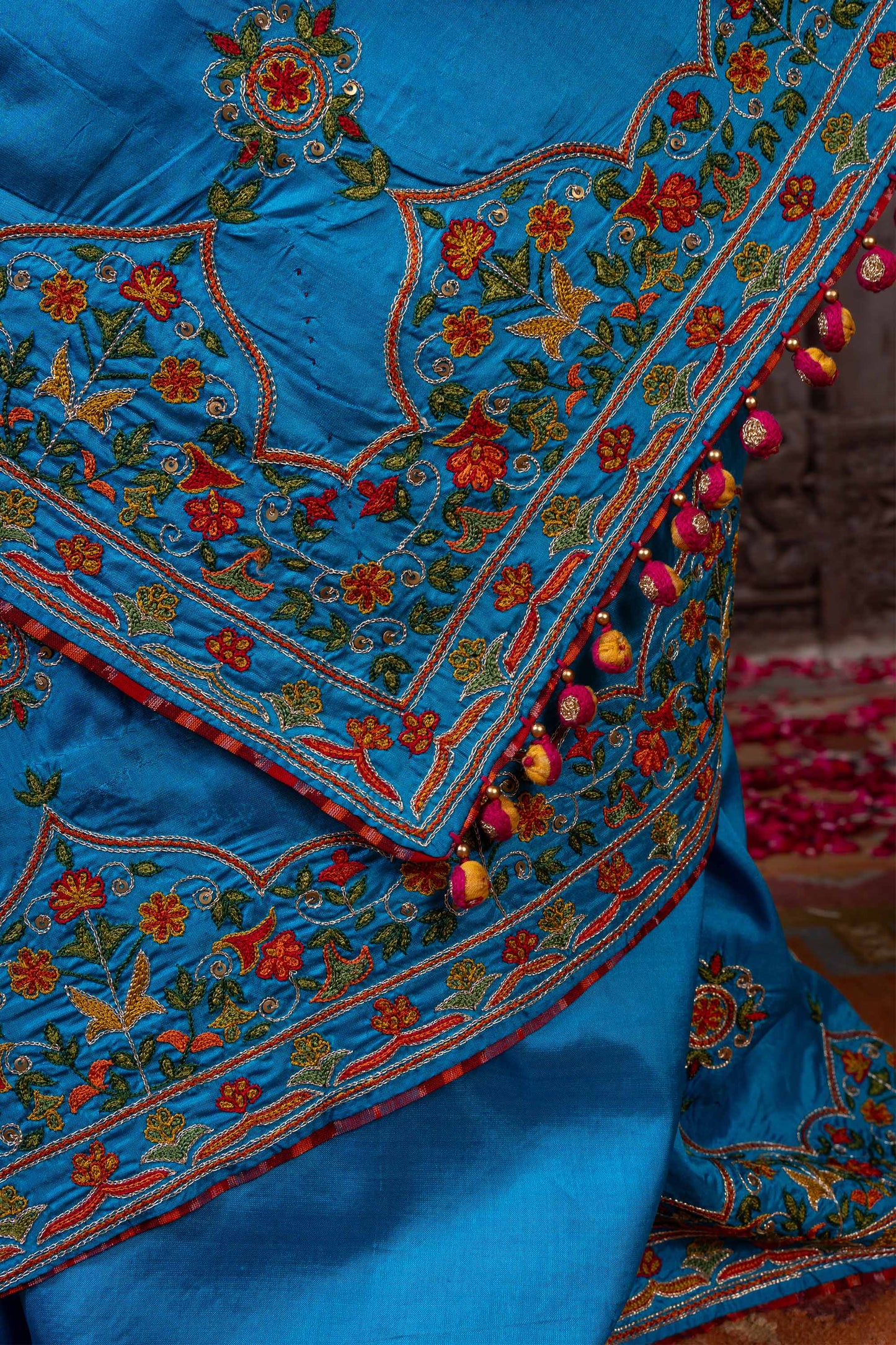 Handcrafted Bright Blue Silk Saree With Khat Embroidery
