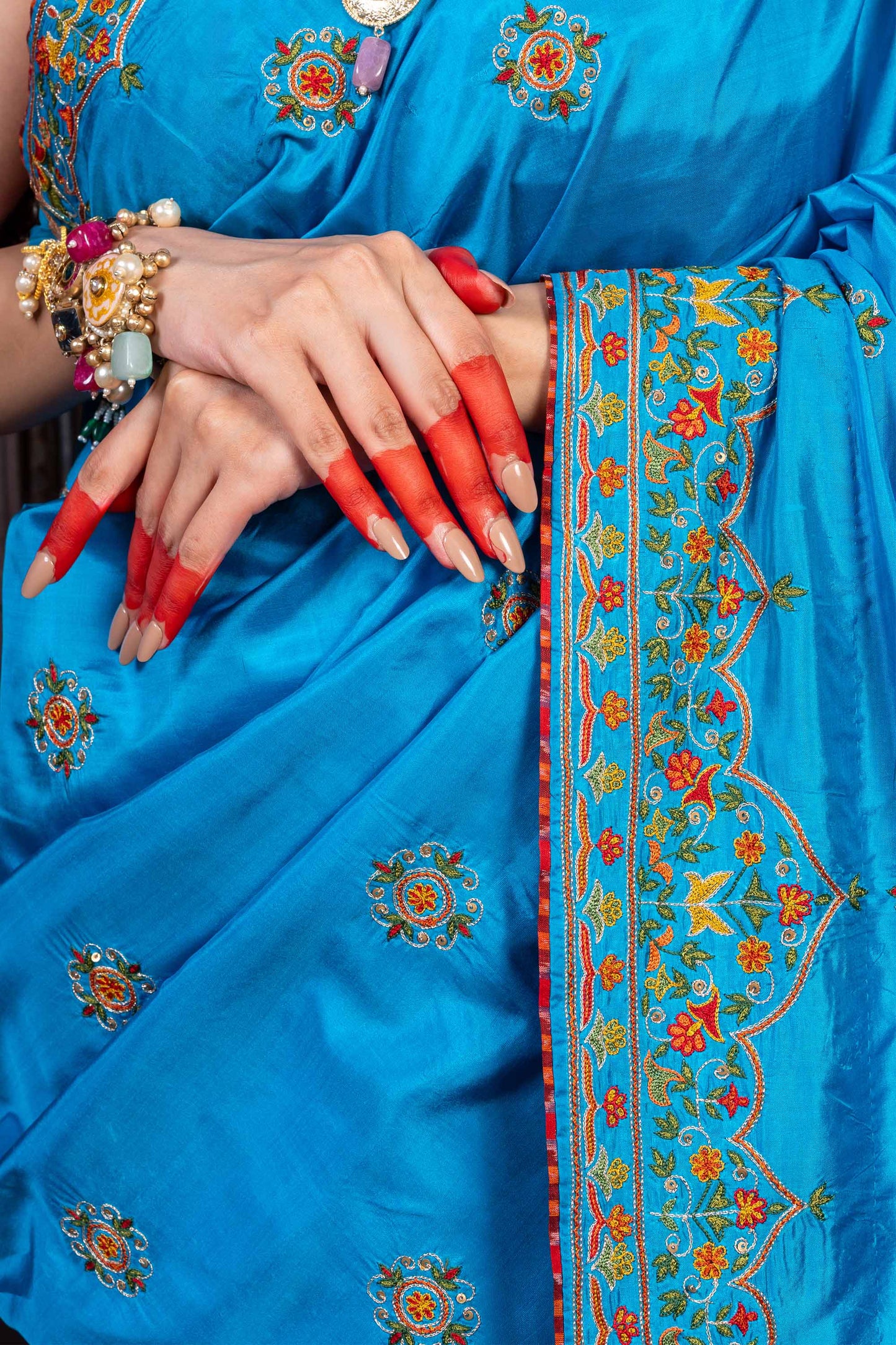 Handcrafted Bright Blue Silk Saree With Khat Embroidery