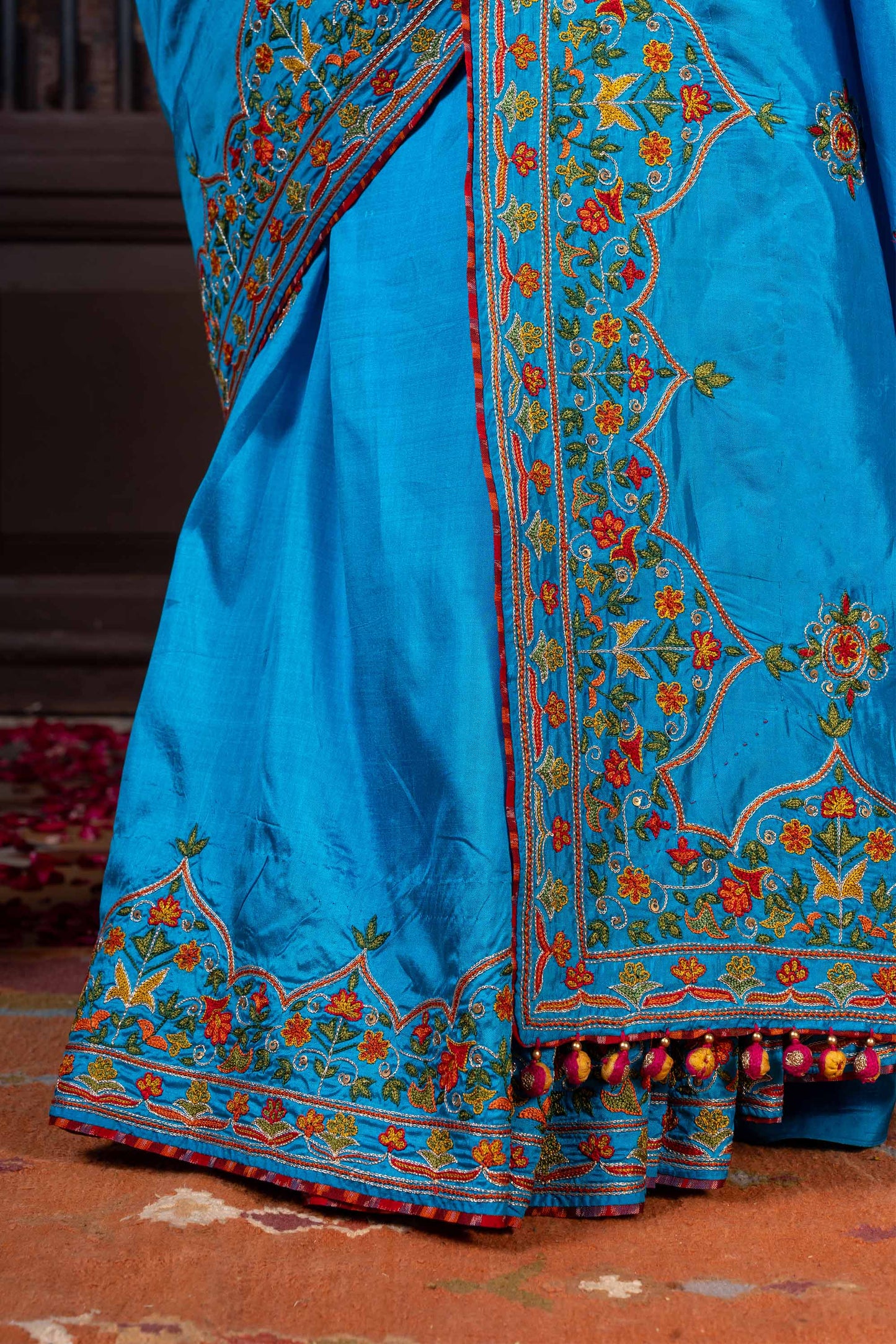 Handcrafted Bright Blue Silk Saree With Khat Embroidery