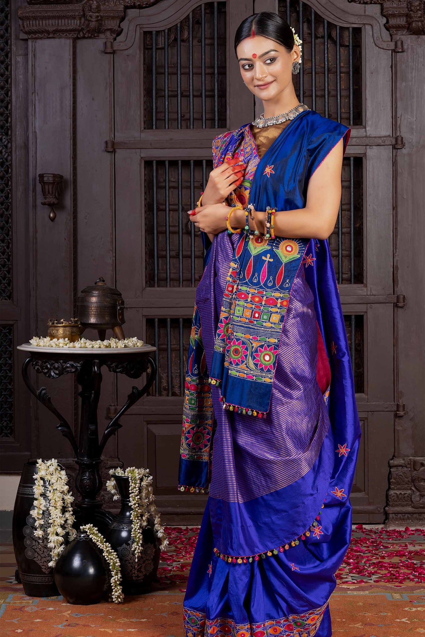 Handcrafted Blue Silk Saree With Multicolour Hand Embroidery