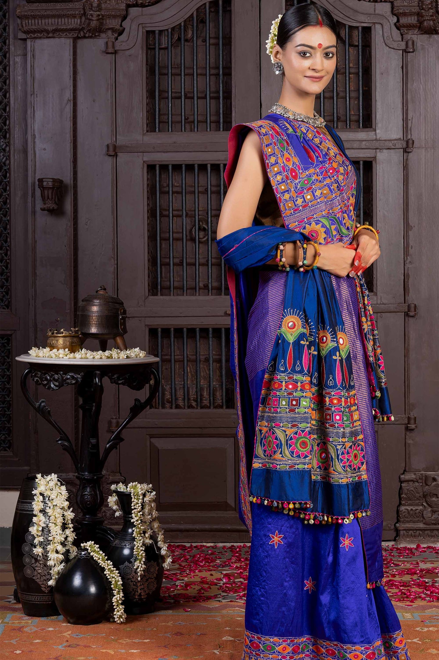 Handcrafted Blue Silk Saree With Multicolour Hand Embroidery