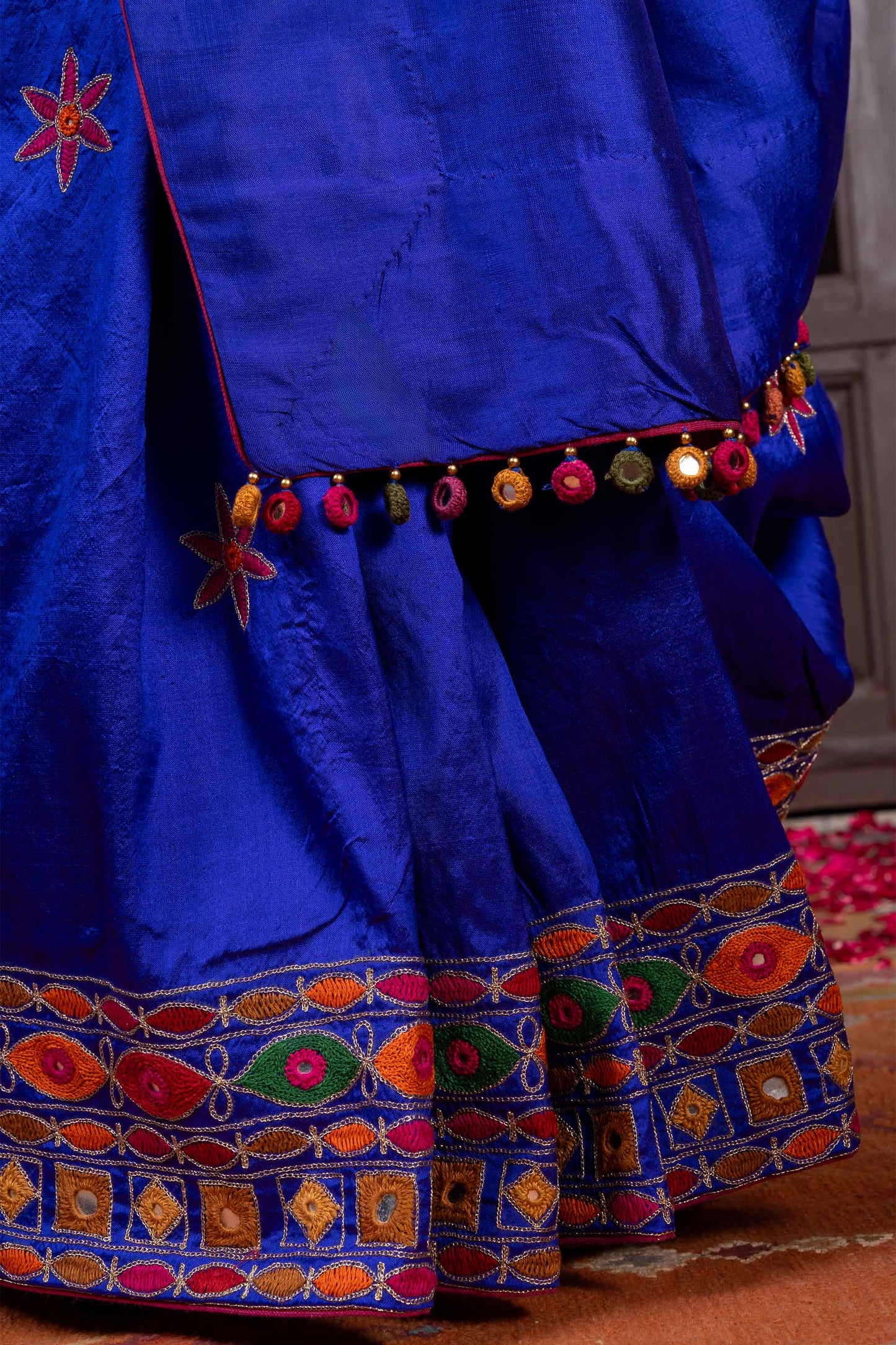 Handcrafted Blue Silk Saree With Multicolour Hand Embroidery