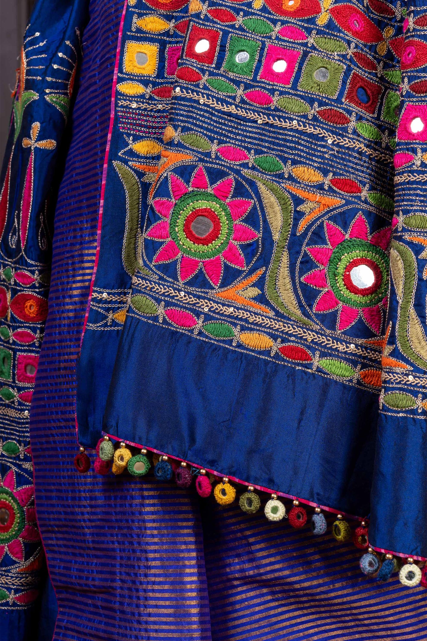 Handcrafted Blue Silk Saree With Multicolour Hand Embroidery