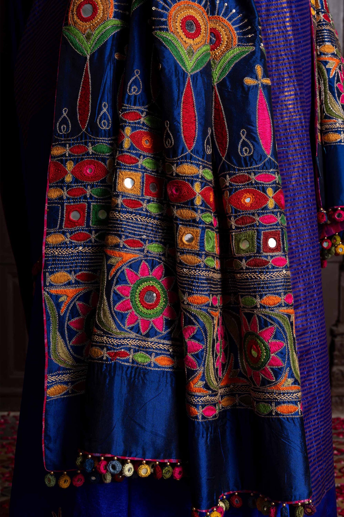 Handcrafted Blue Silk Saree With Multicolour Hand Embroidery