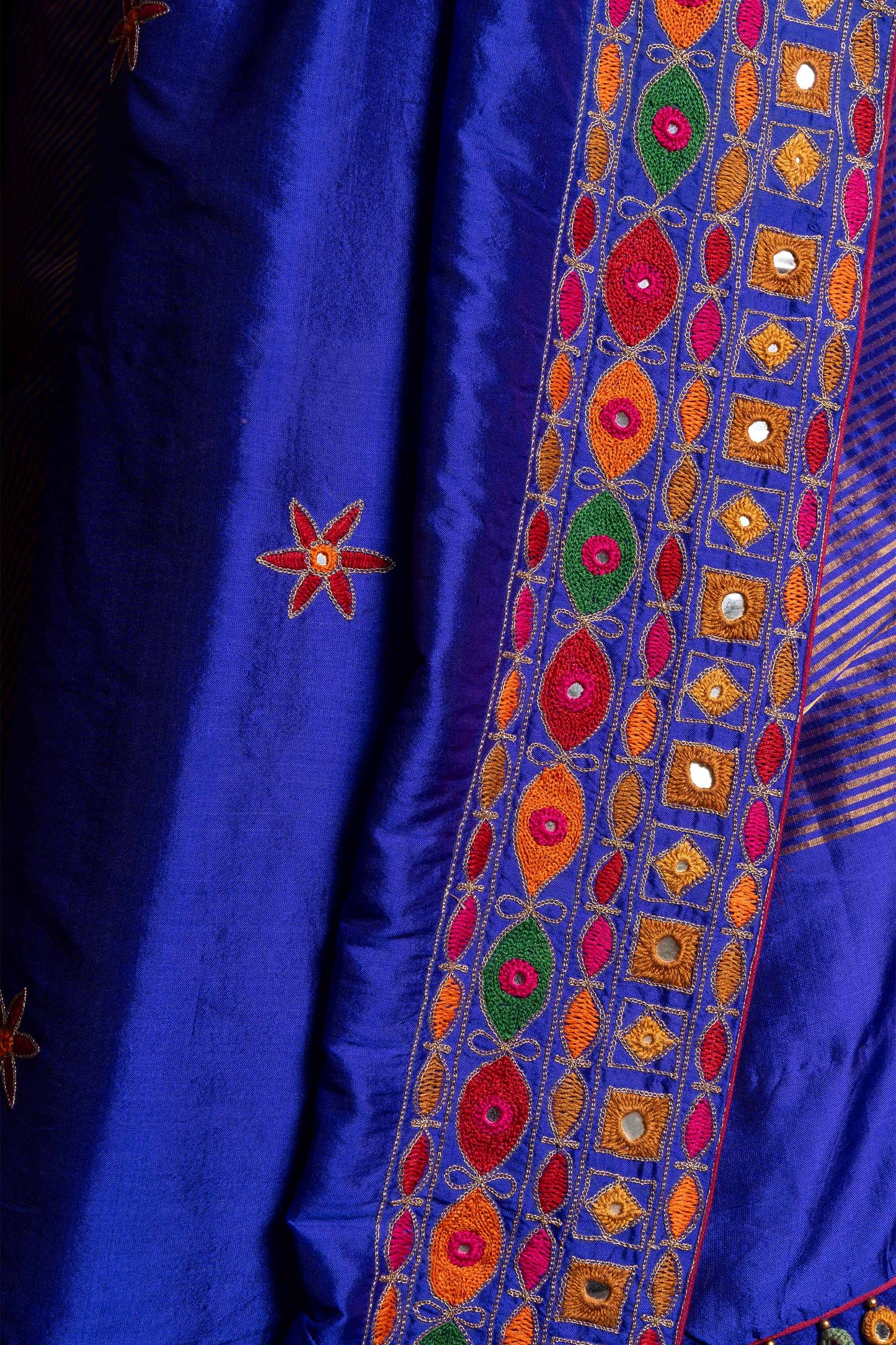 Handcrafted Blue Silk Saree With Multicolour Hand Embroidery