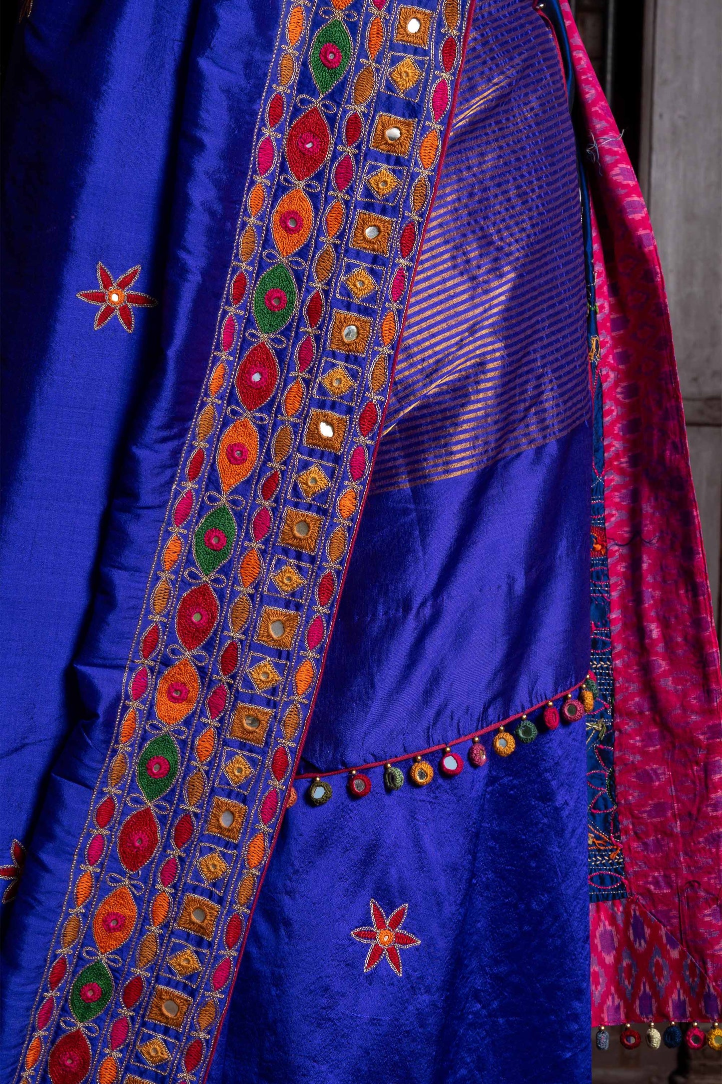Handcrafted Blue Silk Saree With Multicolour Hand Embroidery