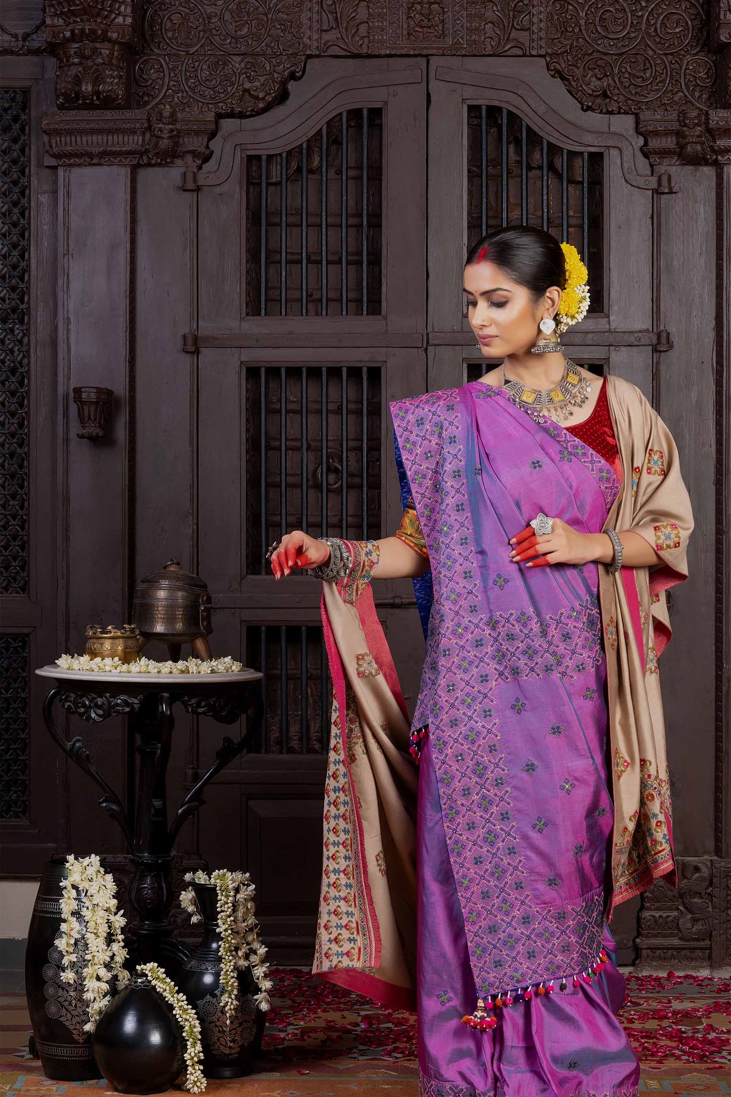 Handcrafted Purple Silk Saree With Traditional Dharwadi Embroidery