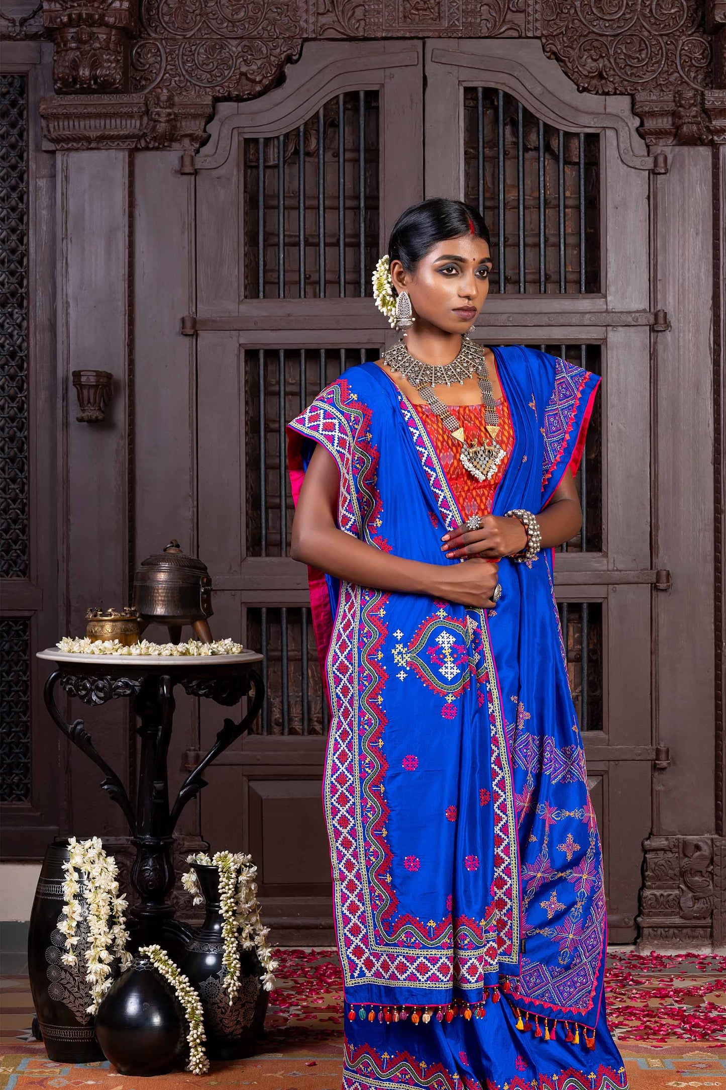 Handcrafted Bright Blue Silk Saree With Intricate Rabari Embroidery