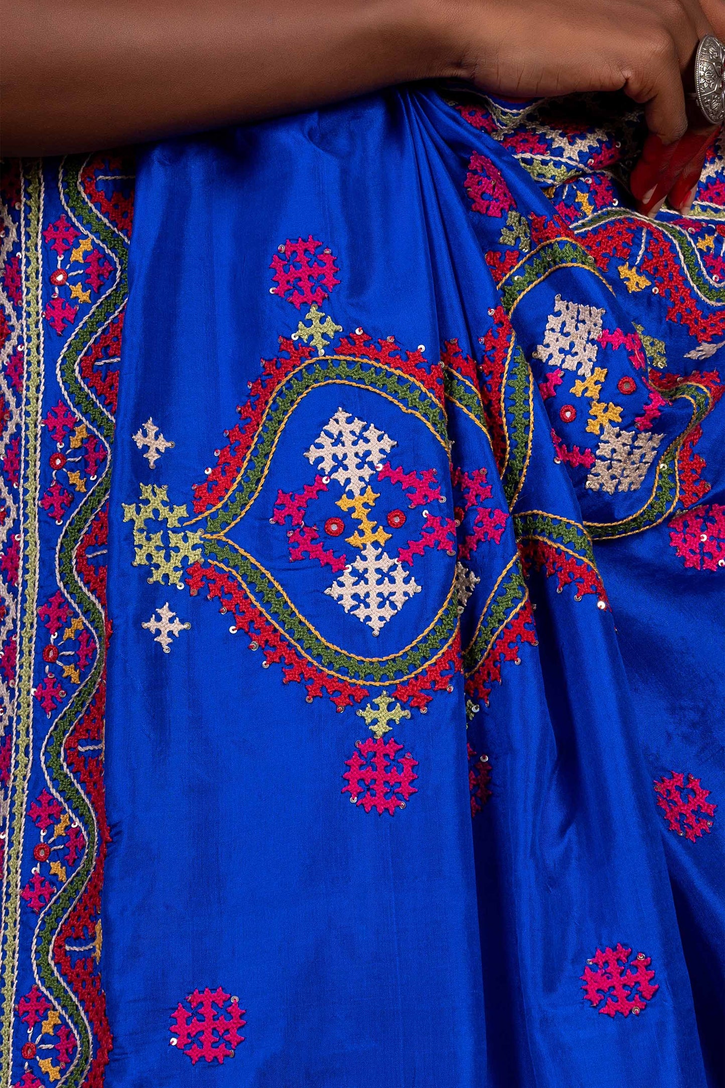 Handcrafted Bright Blue Silk Saree With Intricate Rabari Embroidery