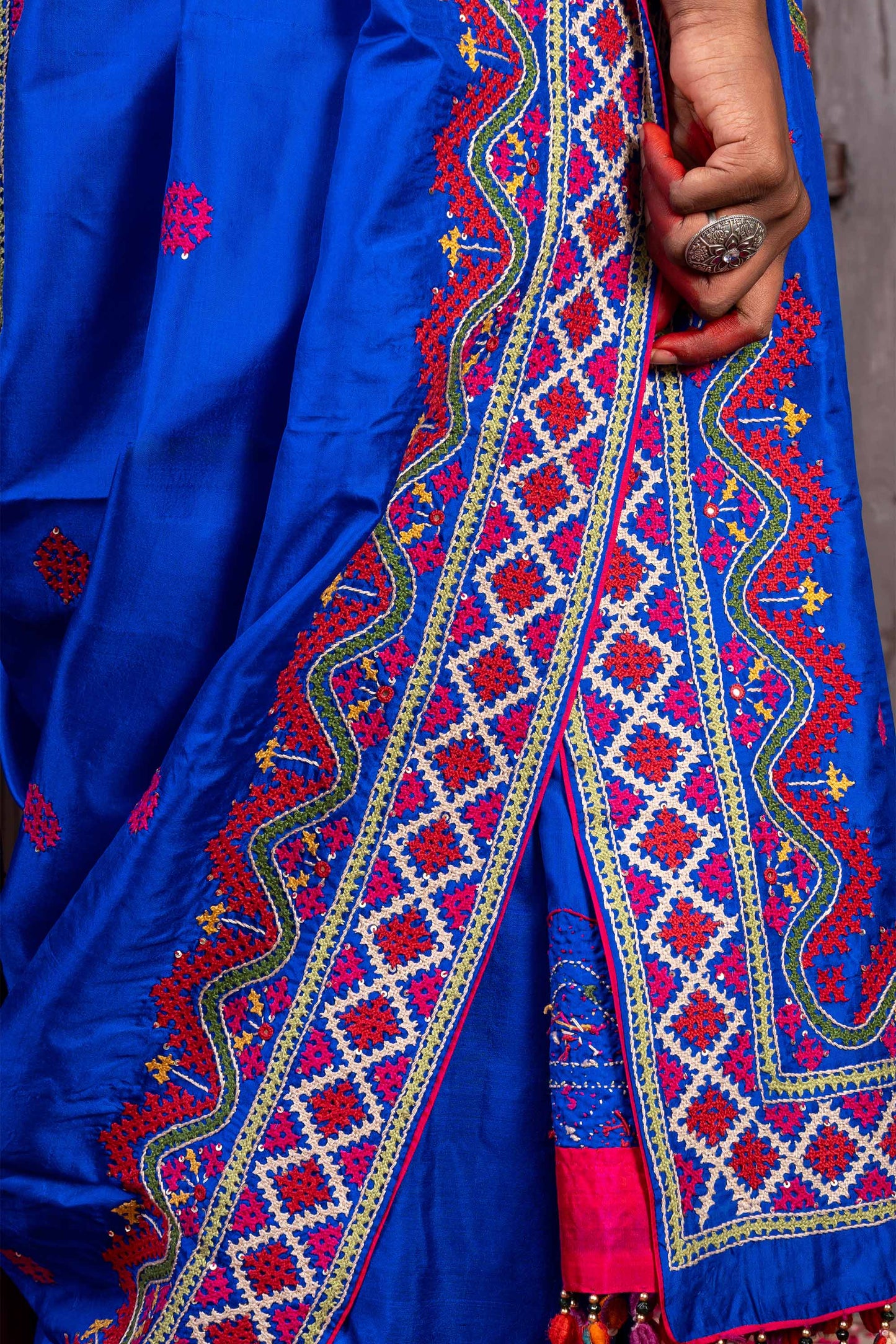 Handcrafted Bright Blue Silk Saree With Intricate Rabari Embroidery