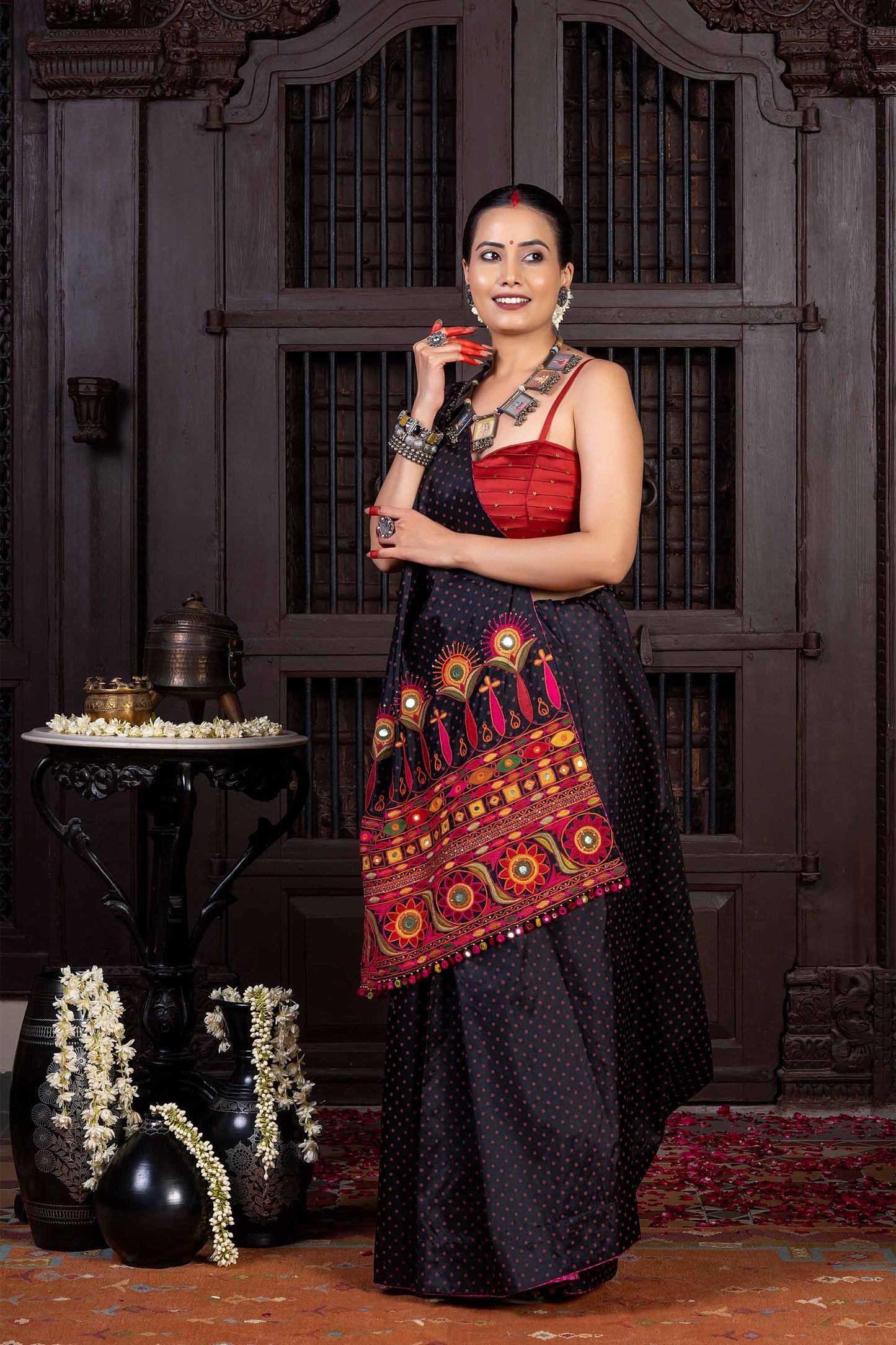 Handcrafted Black Silk Saree With Multicolour Hand Embroidery