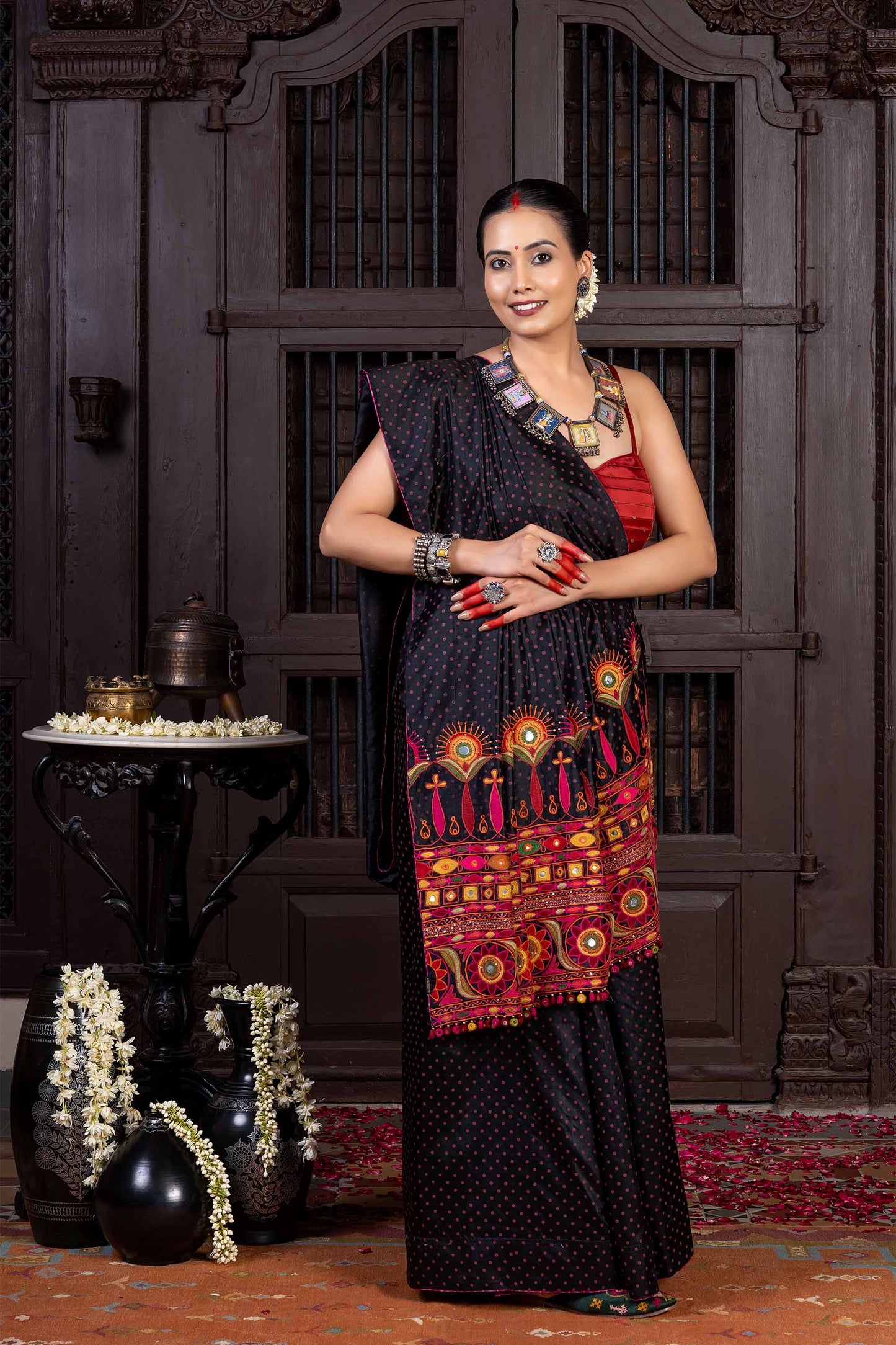 Handcrafted Black Silk Saree With Multicolour Hand Embroidery