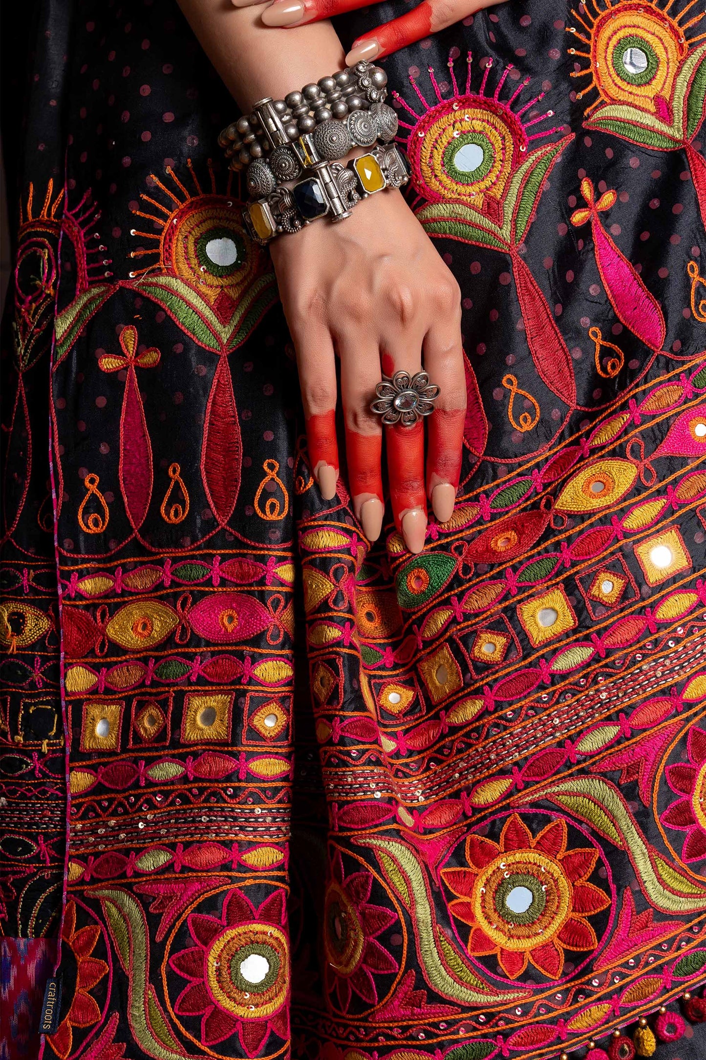 Handcrafted Black Silk Saree With Multicolour Hand Embroidery