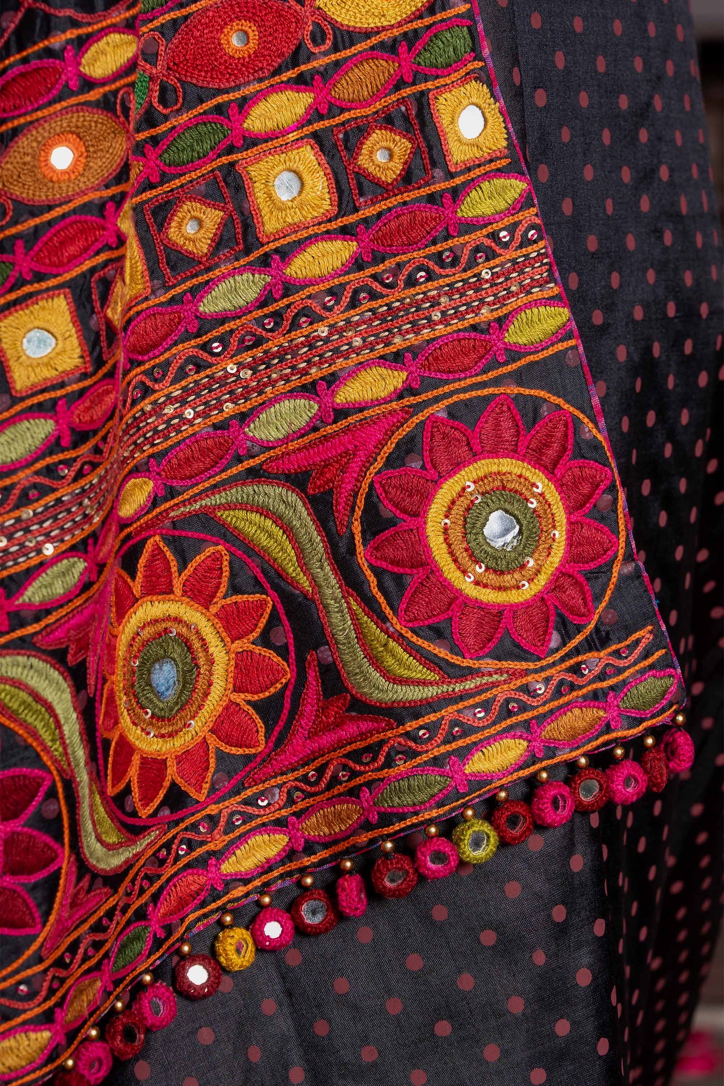Handcrafted Black Silk Saree With Multicolour Hand Embroidery