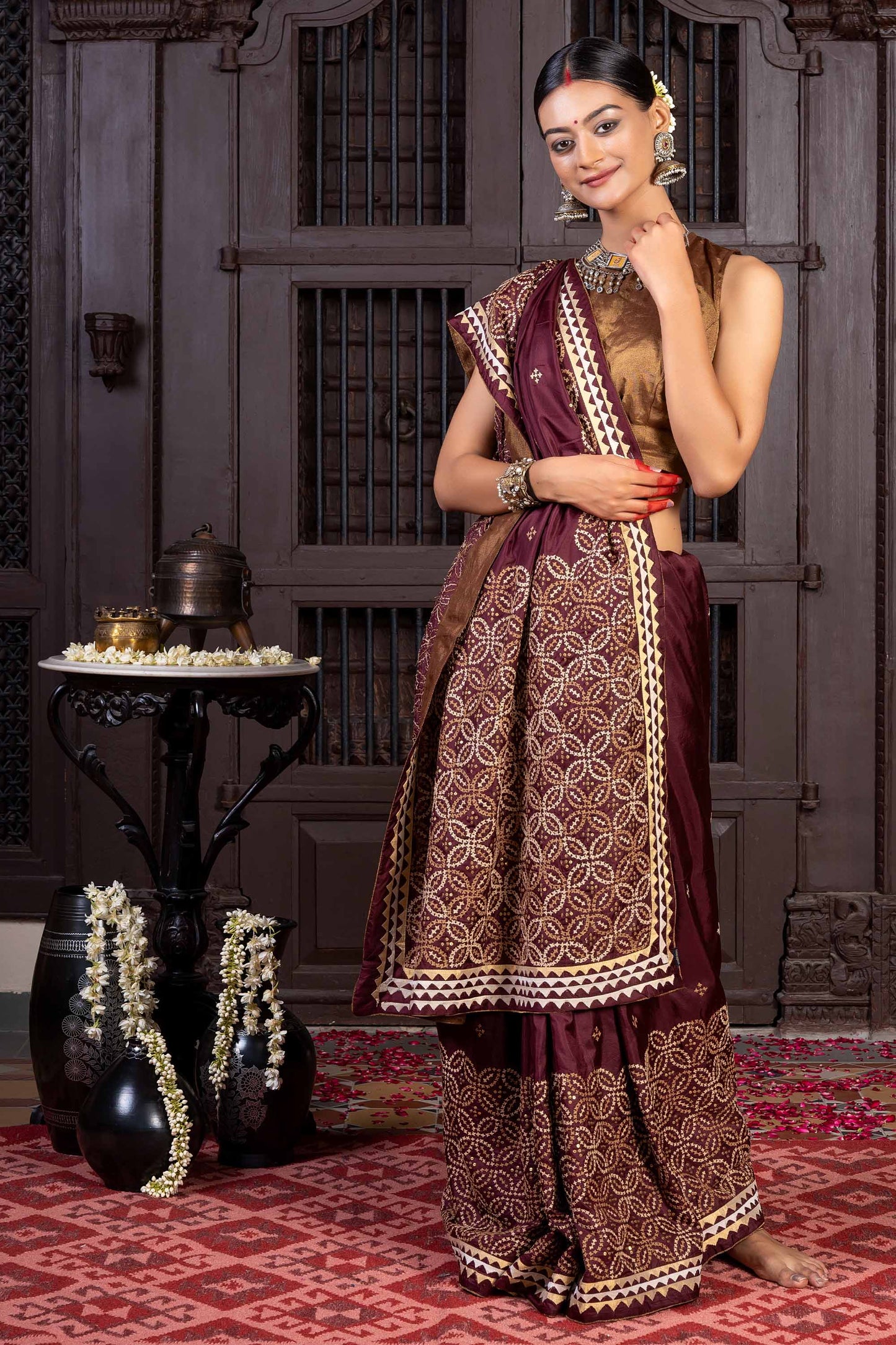 Handcrafted Maroon Silk Saree With Rabari Embroidery