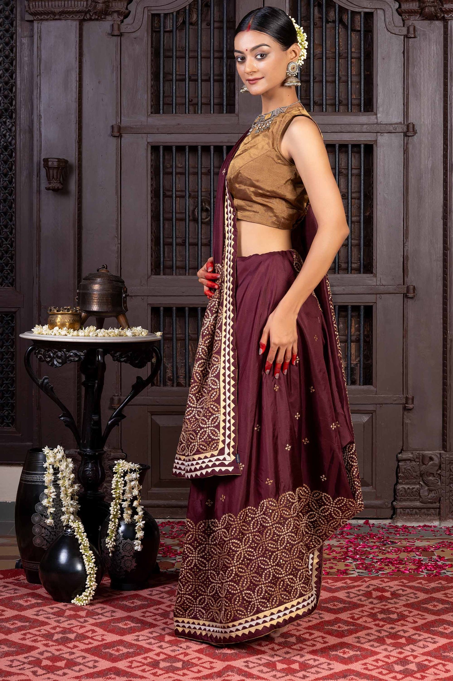Handcrafted Maroon Silk Saree With Rabari Embroidery