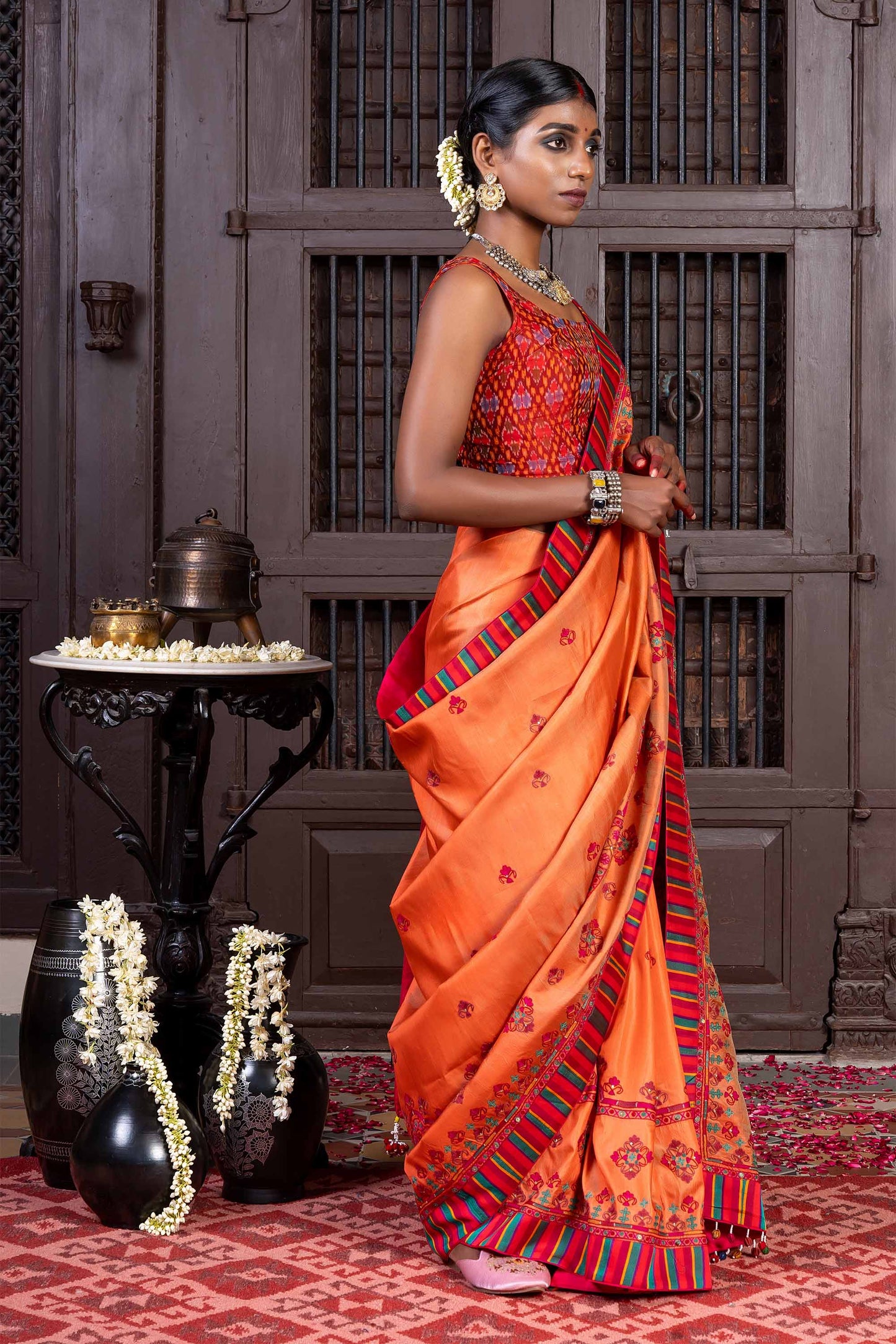Handcrafted Bright Orange Silk Saree With Aari Embroidery