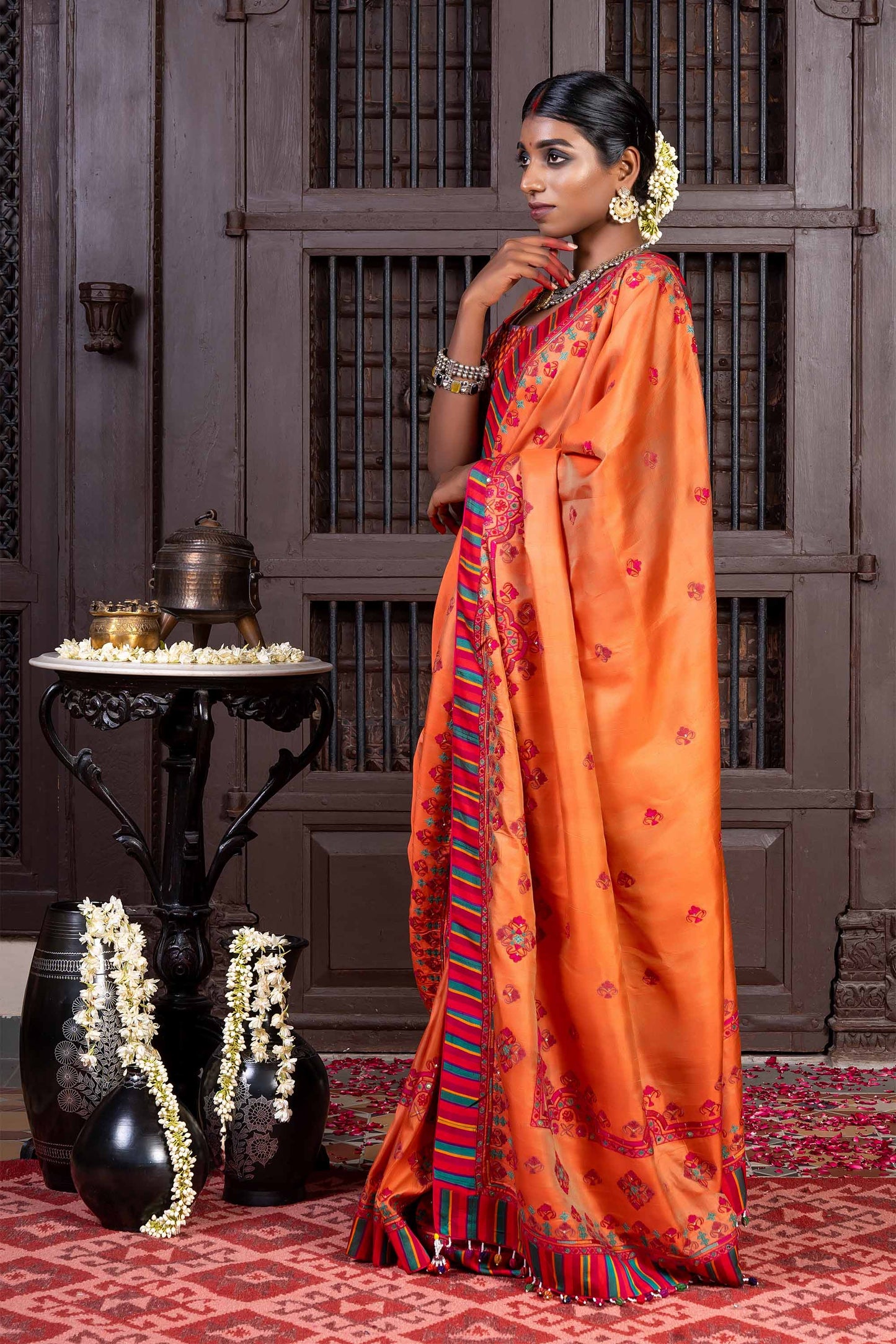 Handcrafted Bright Orange Silk Saree With Aari Embroidery