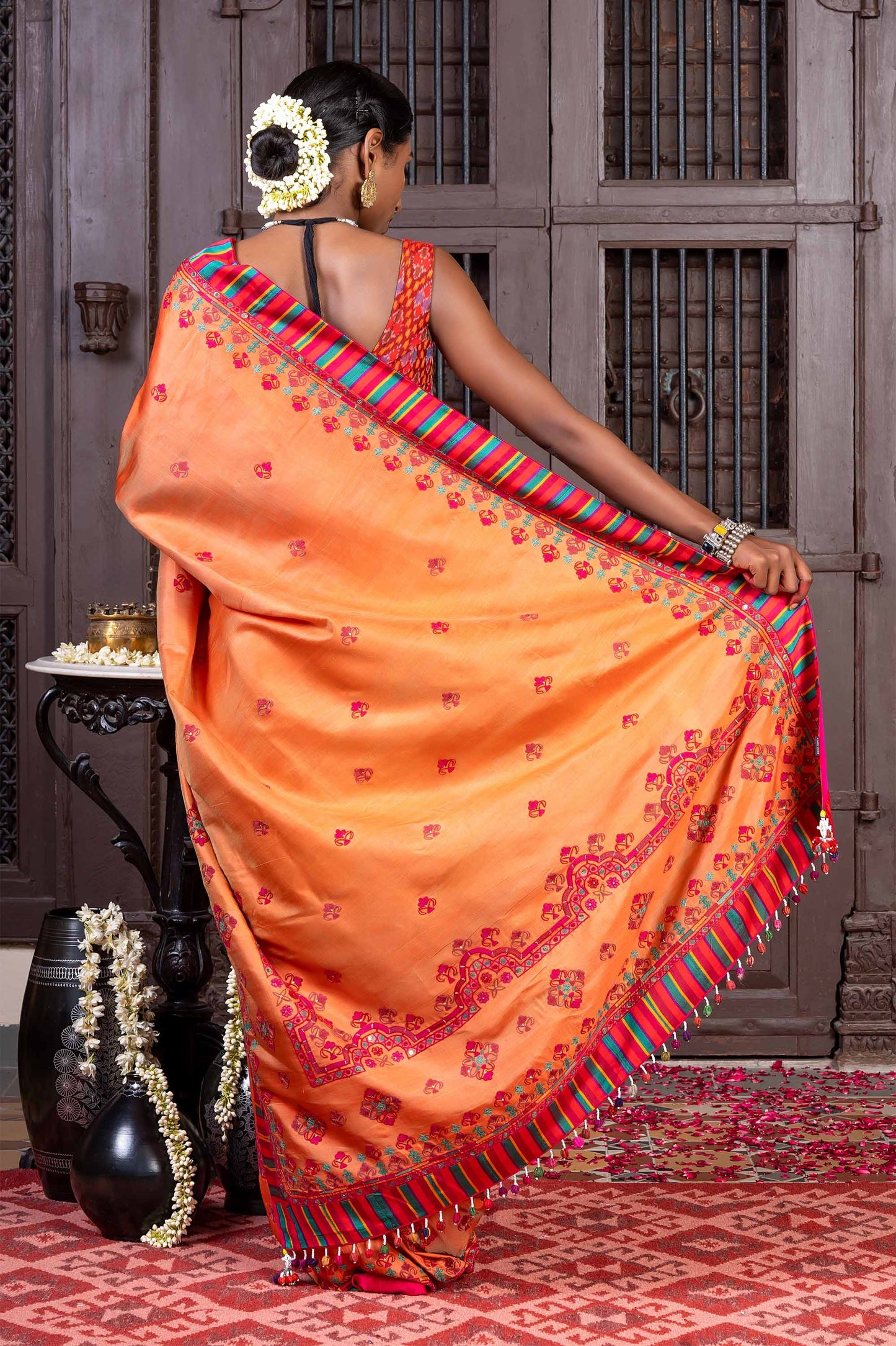 Handcrafted Bright Orange Silk Saree With Aari Embroidery