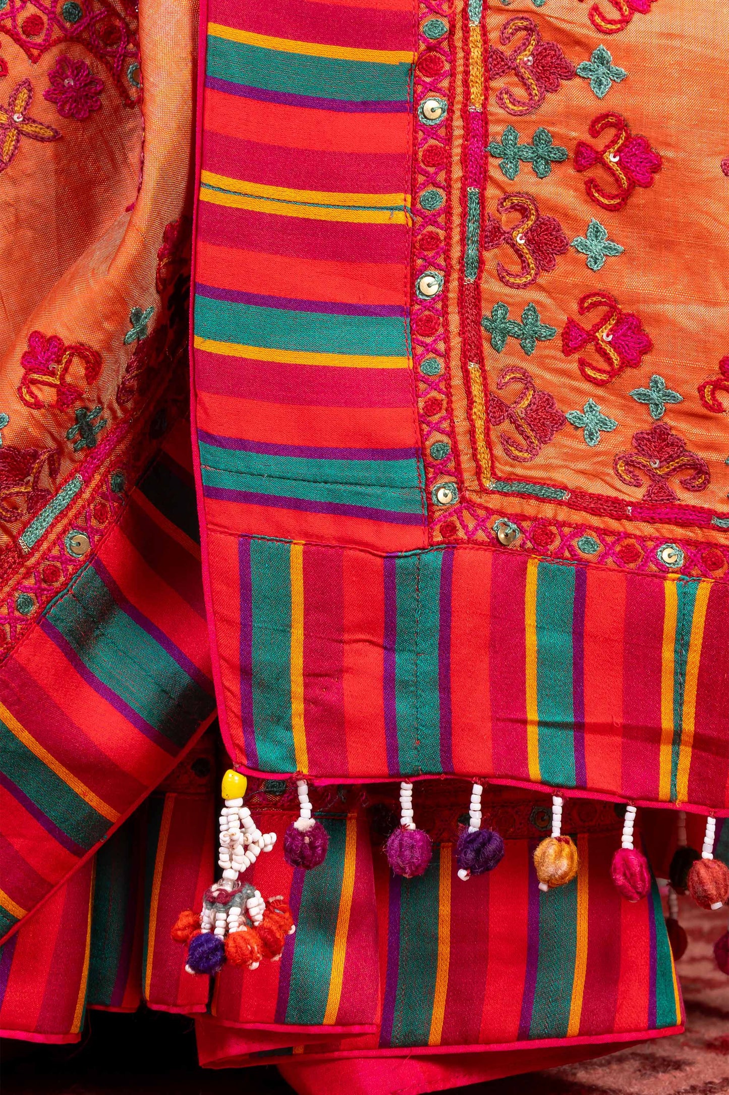 Handcrafted Bright Orange Silk Saree With Aari Embroidery