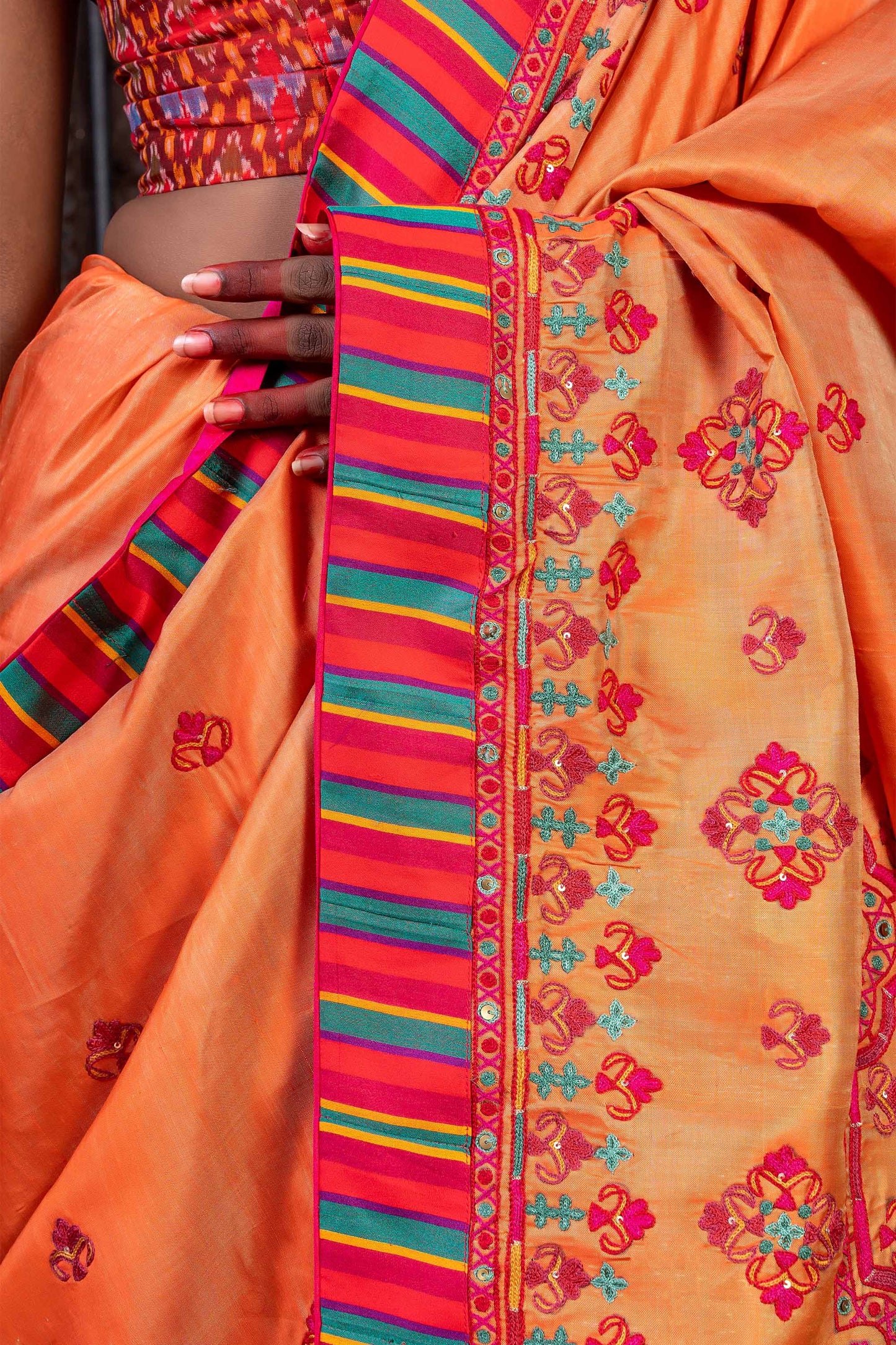 Handcrafted Bright Orange Silk Saree With Aari Embroidery