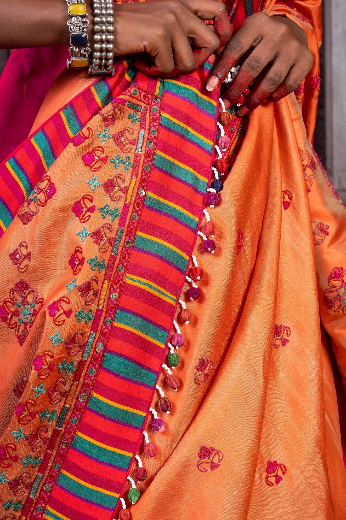 Handcrafted Bright Orange Silk Saree With Aari Embroidery