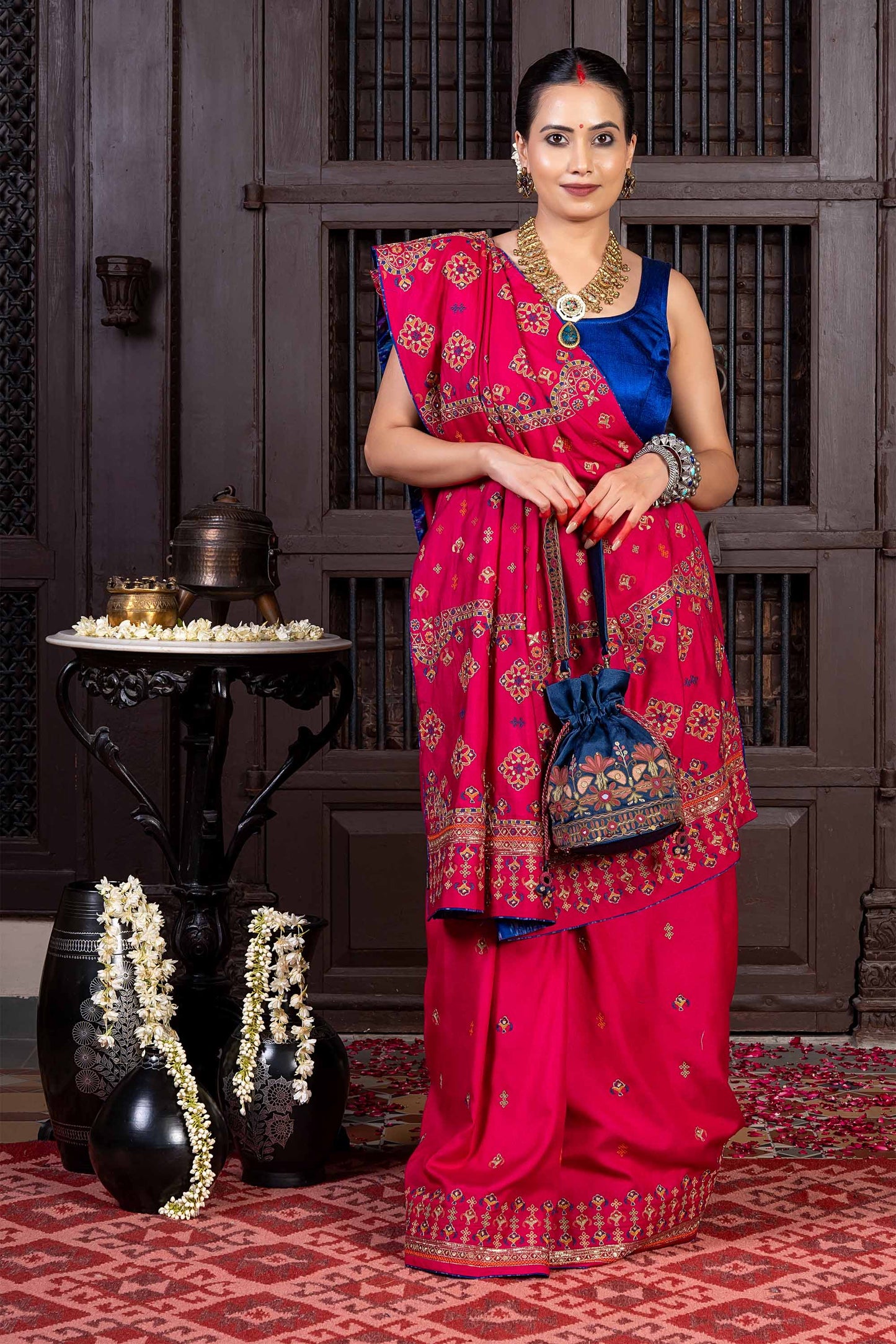Handcrafted Pink Silk Saree With Intricate Multicolour Khat Embroidery