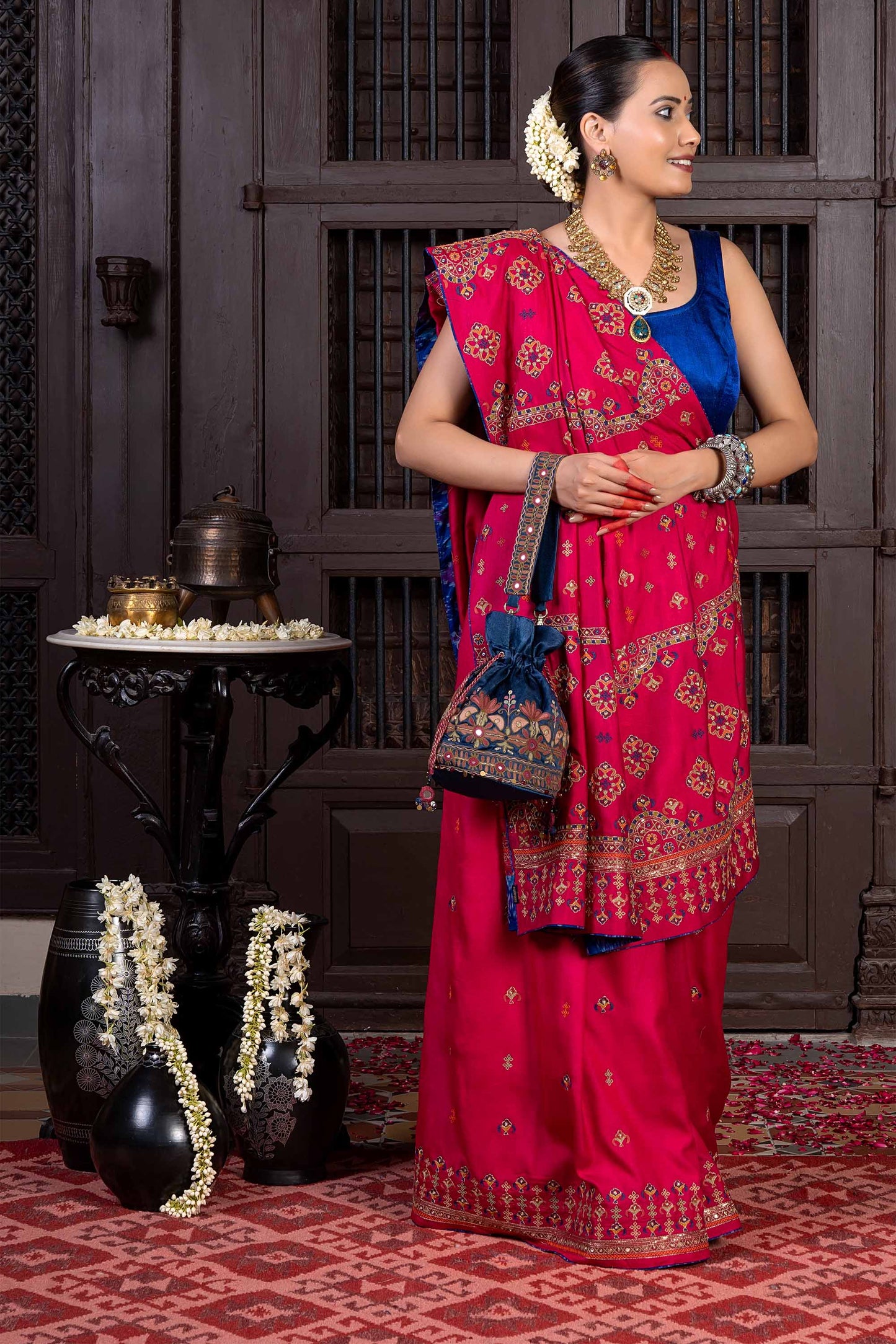 Handcrafted Pink Silk Saree With Intricate Multicolour Khat Embroidery