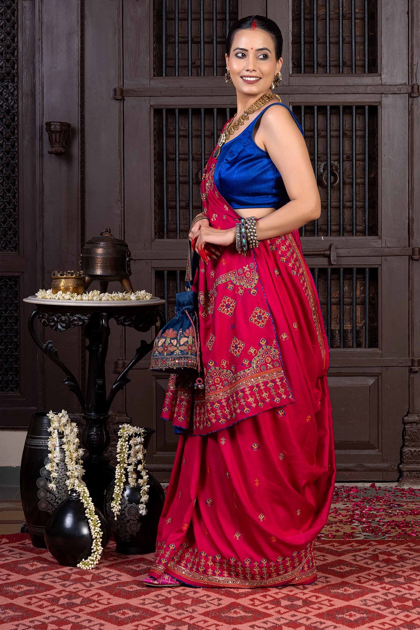 Handcrafted Pink Silk Saree With Intricate Multicolour Khat Embroidery