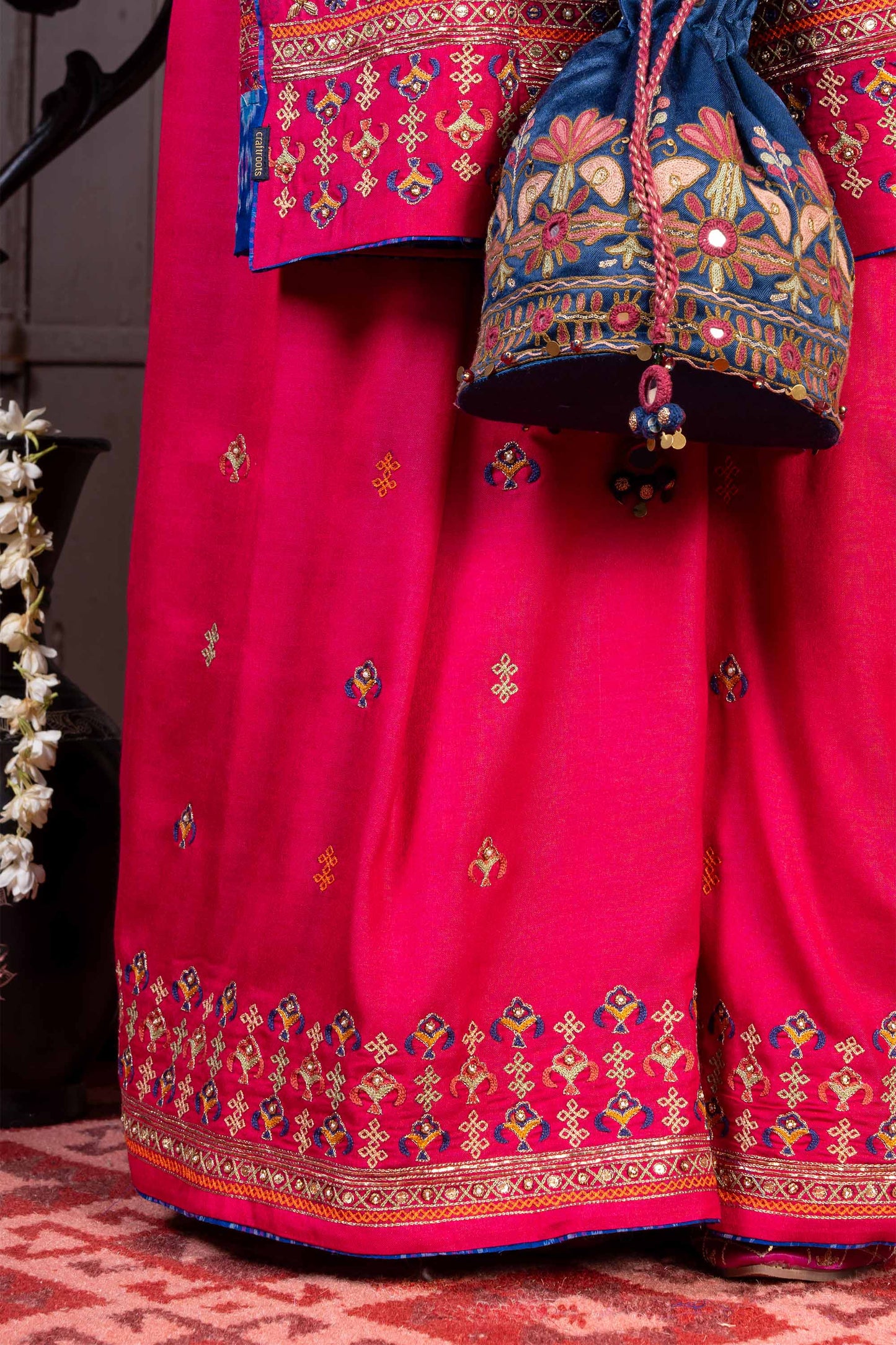 Handcrafted Pink Silk Saree With Intricate Multicolour Khat Embroidery