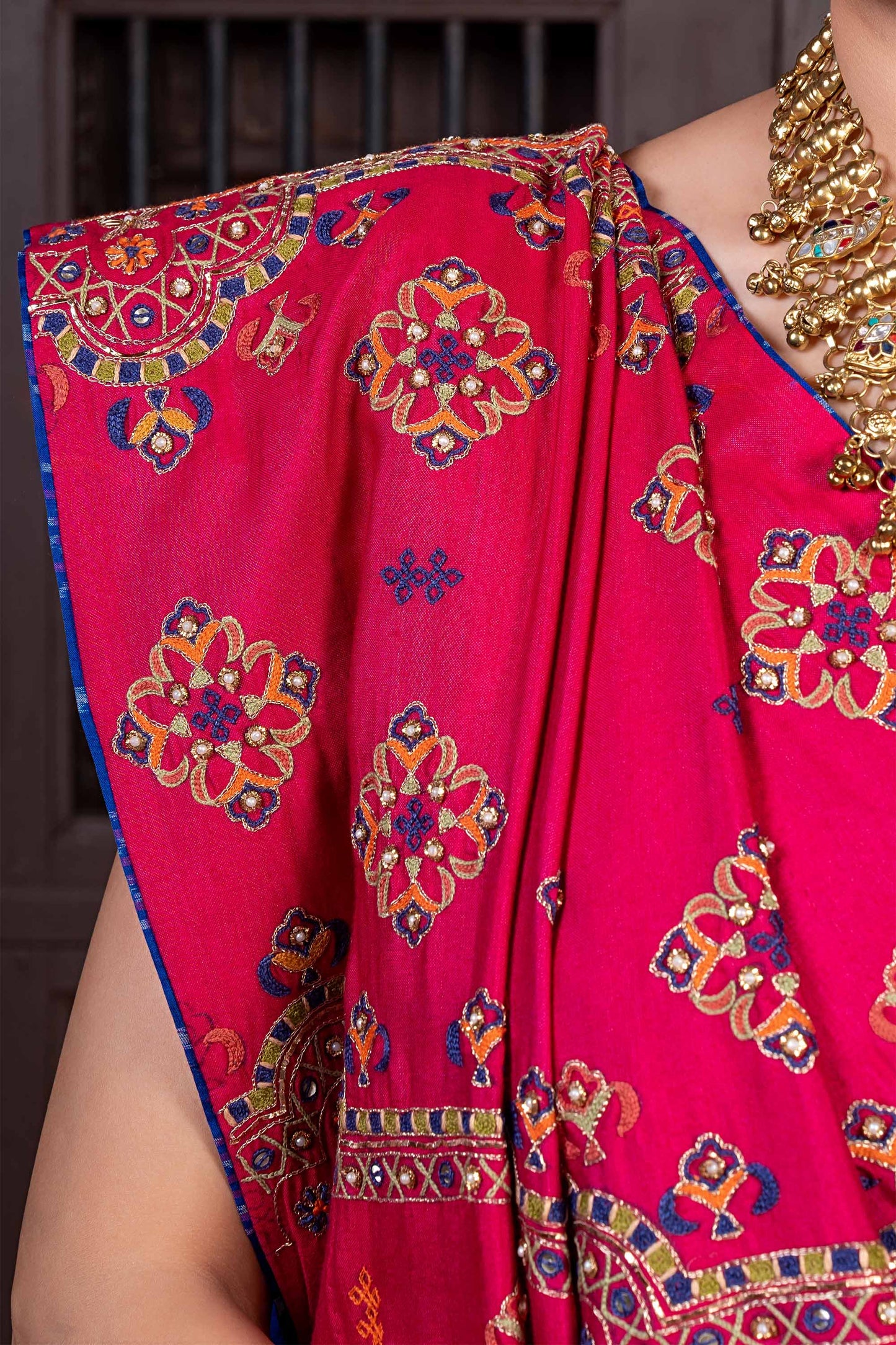 Handcrafted Pink Silk Saree With Intricate Multicolour Khat Embroidery