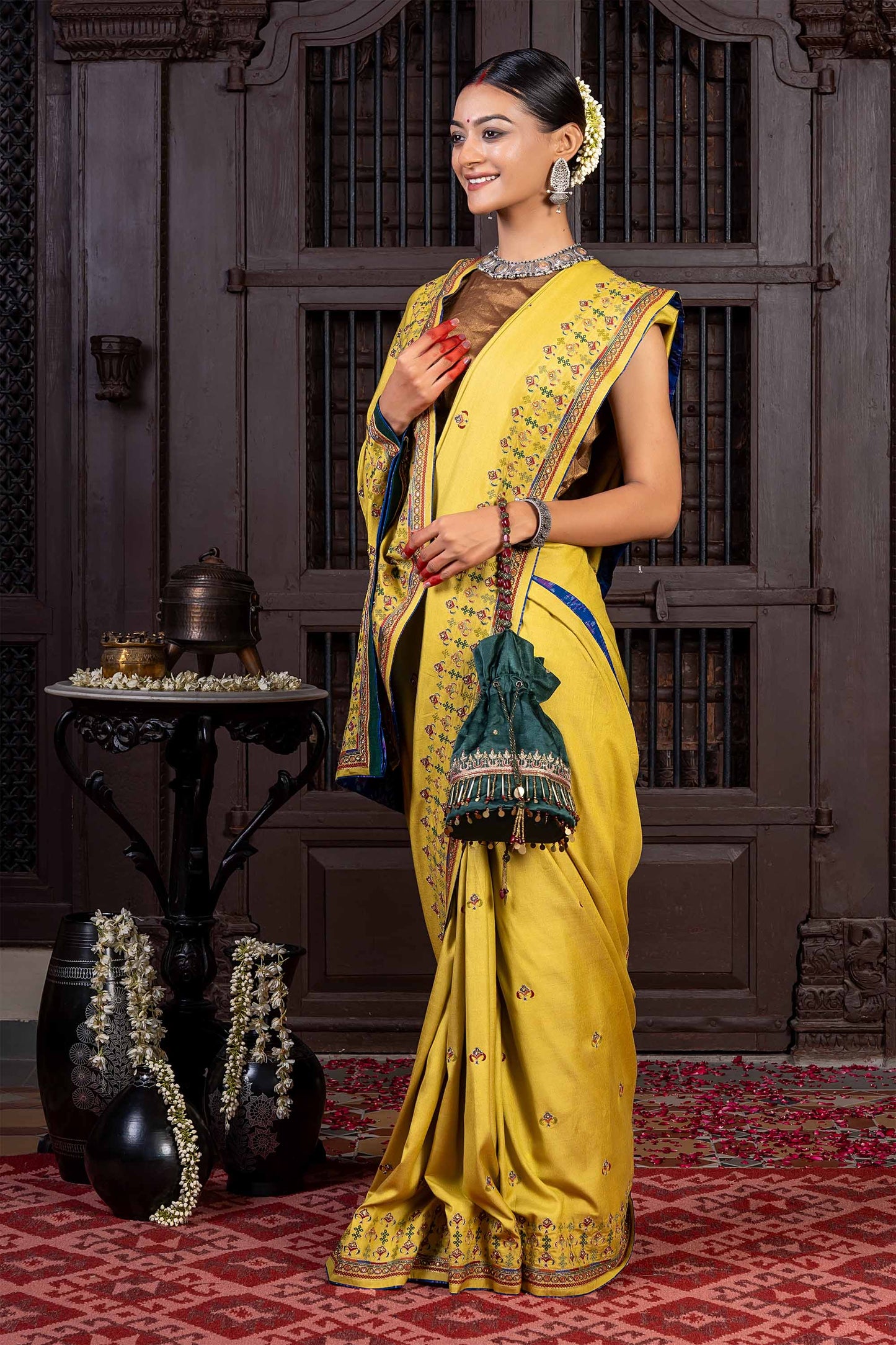 Handcrafted Green Silk Saree With Delicate Khat Embroidery