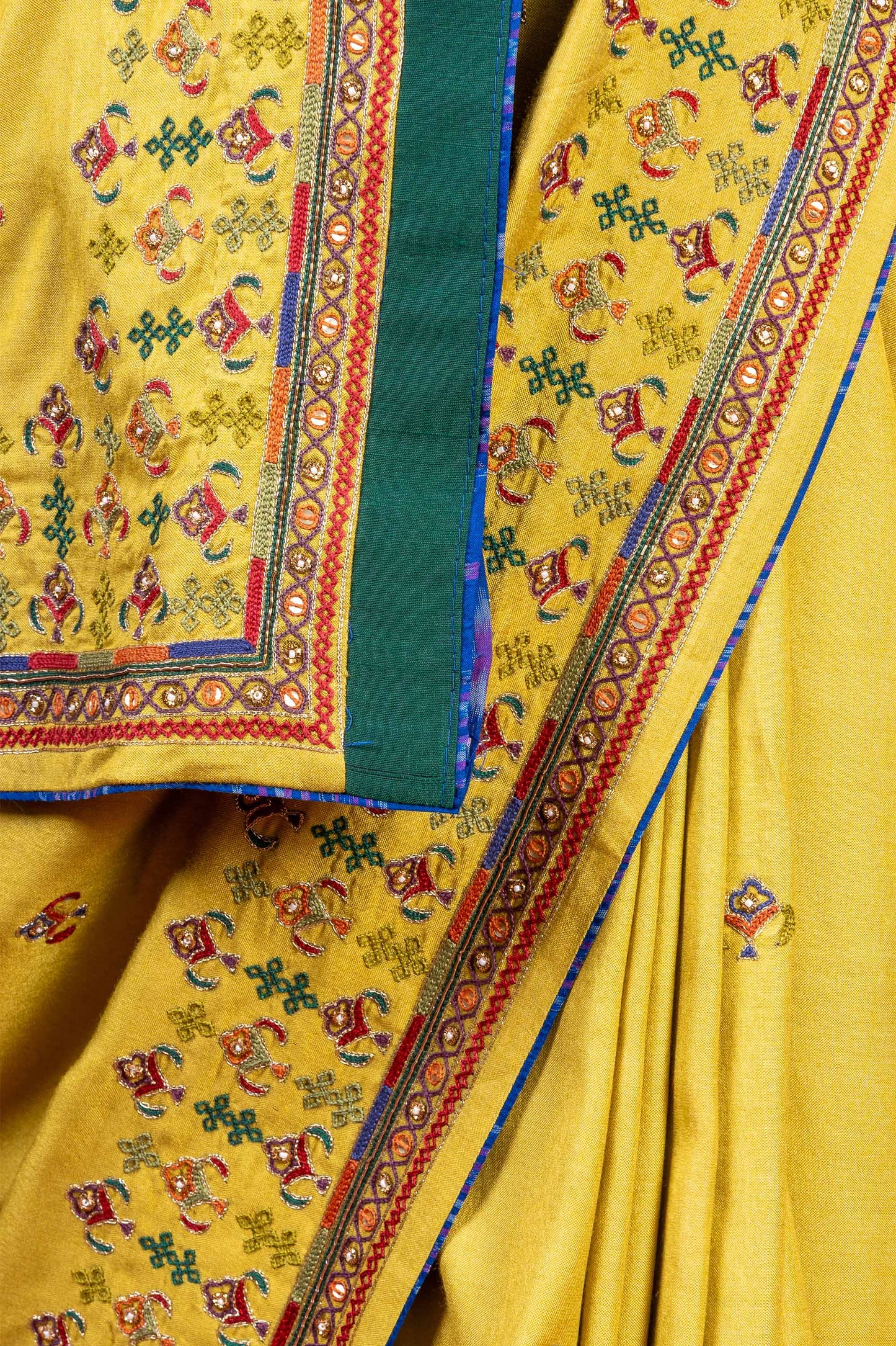 Handcrafted Green Silk Saree With Delicate Khat Embroidery