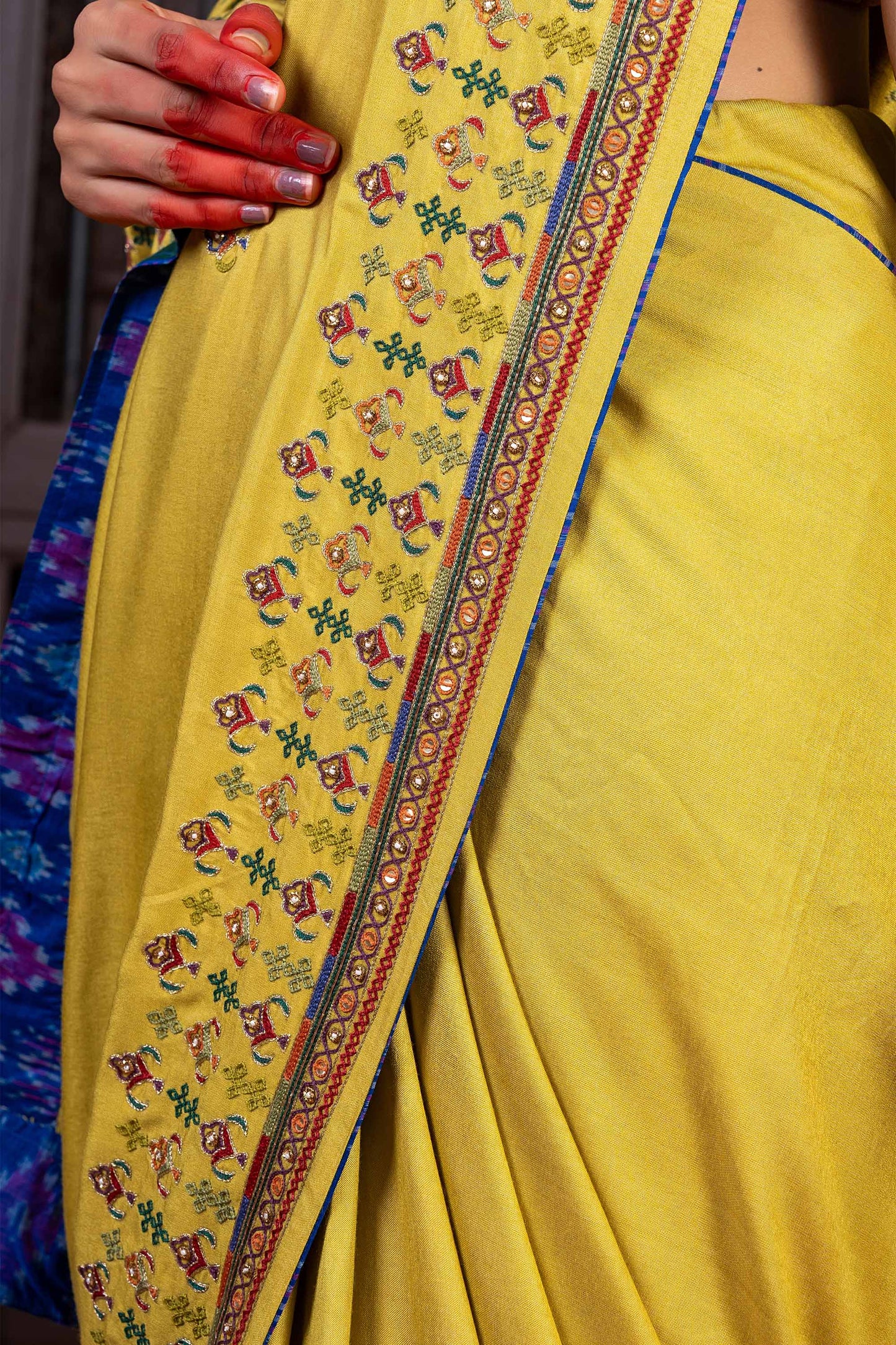 Handcrafted Green Silk Saree With Delicate Khat Embroidery
