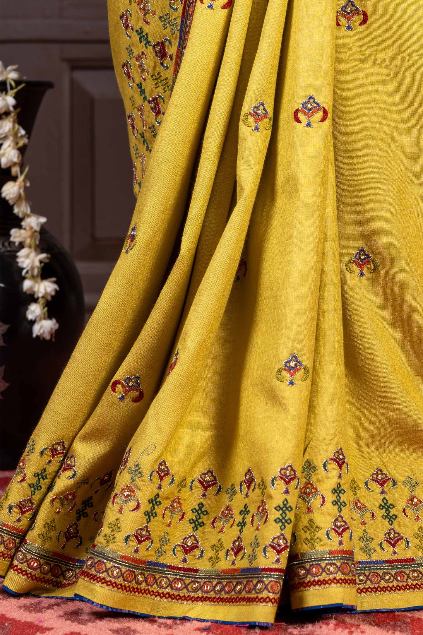 Handcrafted Green Silk Saree With Delicate Khat Embroidery