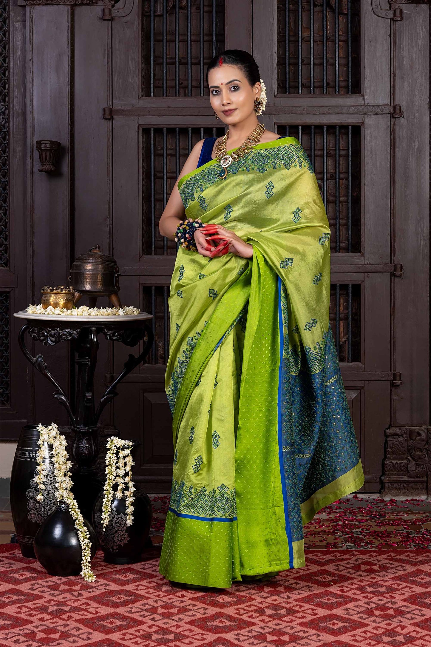 Handwoven Green Chanderi Silk Saree With Blue Highlights and Dharwadi Embroidery
