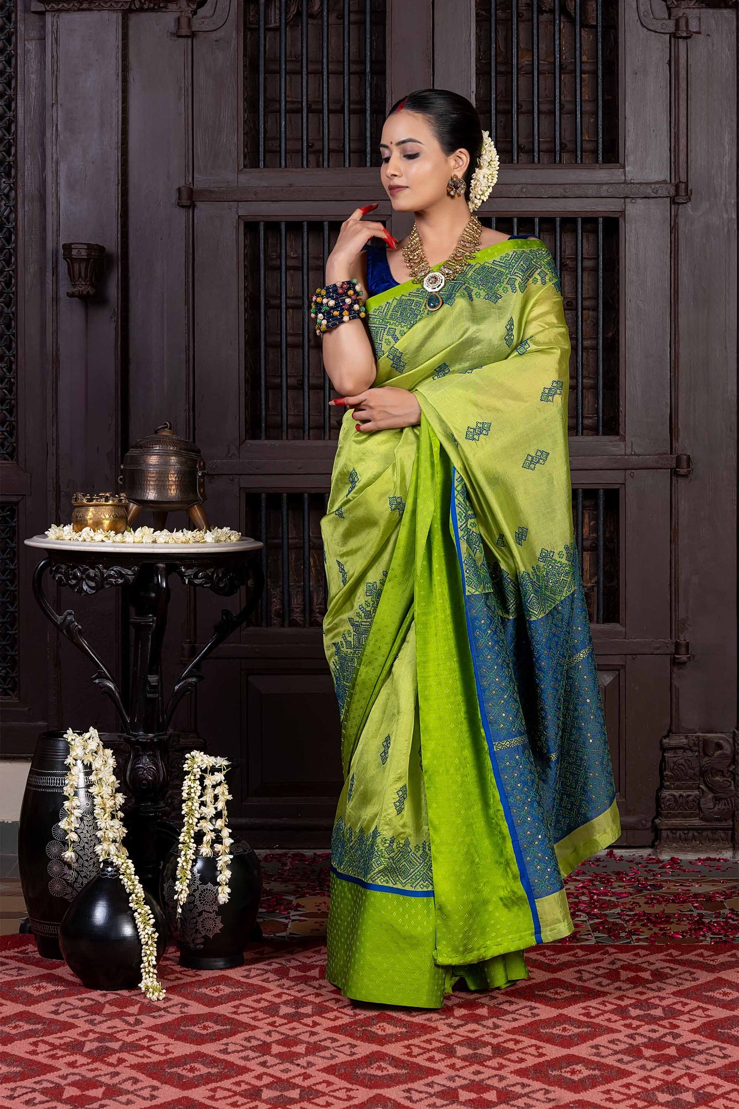 Handwoven Green Chanderi Silk Saree With Blue Highlights and Dharwadi Embroidery