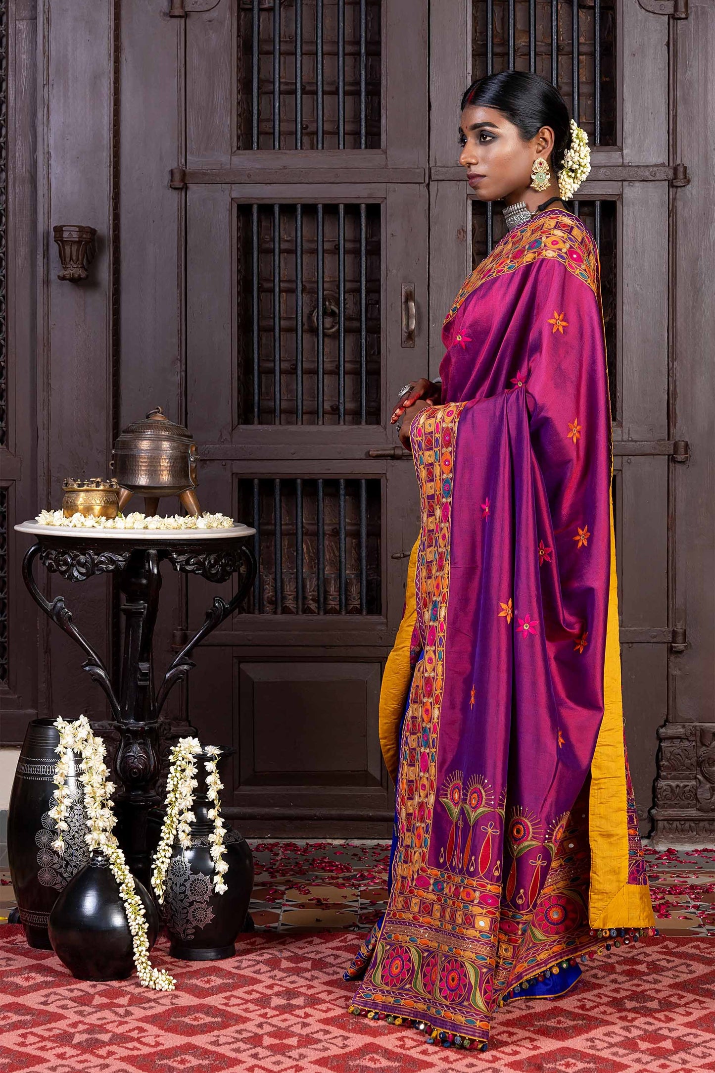 Handcrafted Purple and Blue Silk Saree With Heavy Multicolour Hand Embroidery