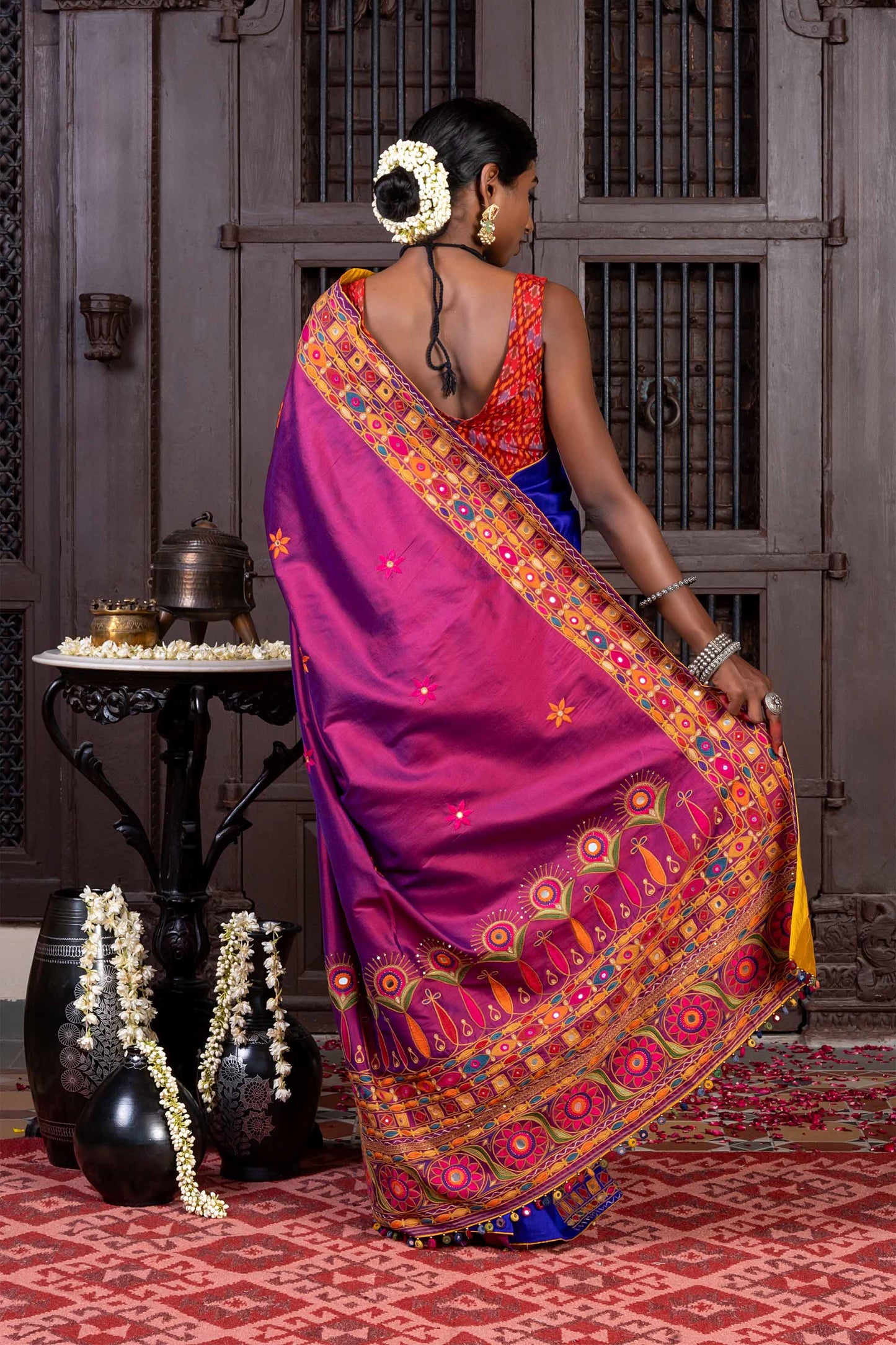 Handcrafted Purple and Blue Silk Saree With Heavy Multicolour Hand Embroidery