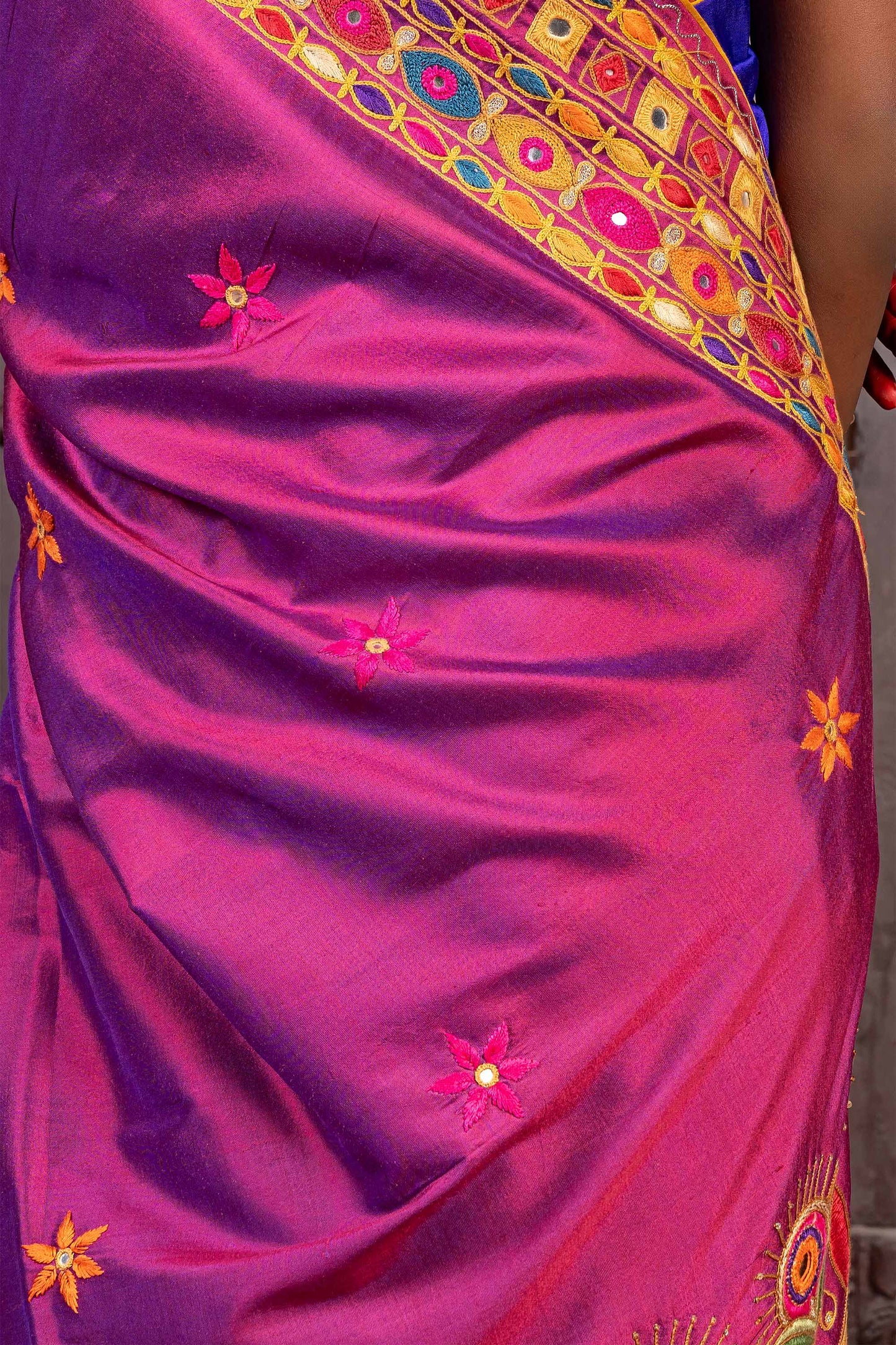 Handcrafted Purple and Blue Silk Saree With Heavy Multicolour Hand Embroidery