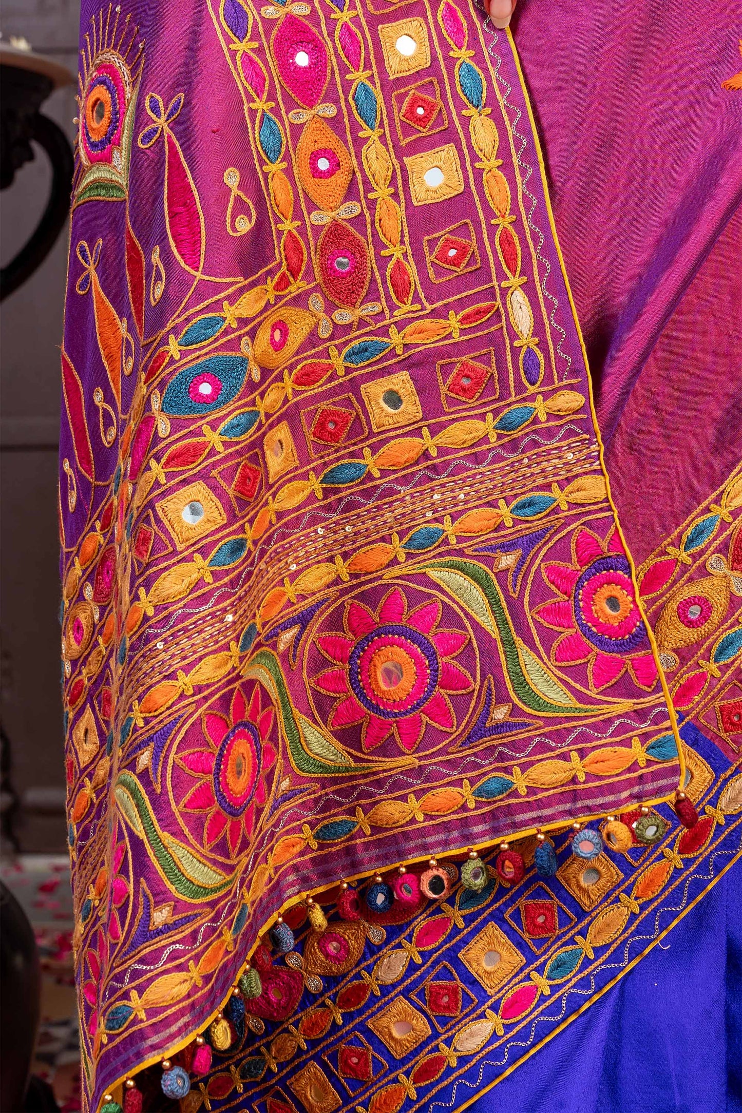 Handcrafted Purple and Blue Silk Saree With Heavy Multicolour Hand Embroidery