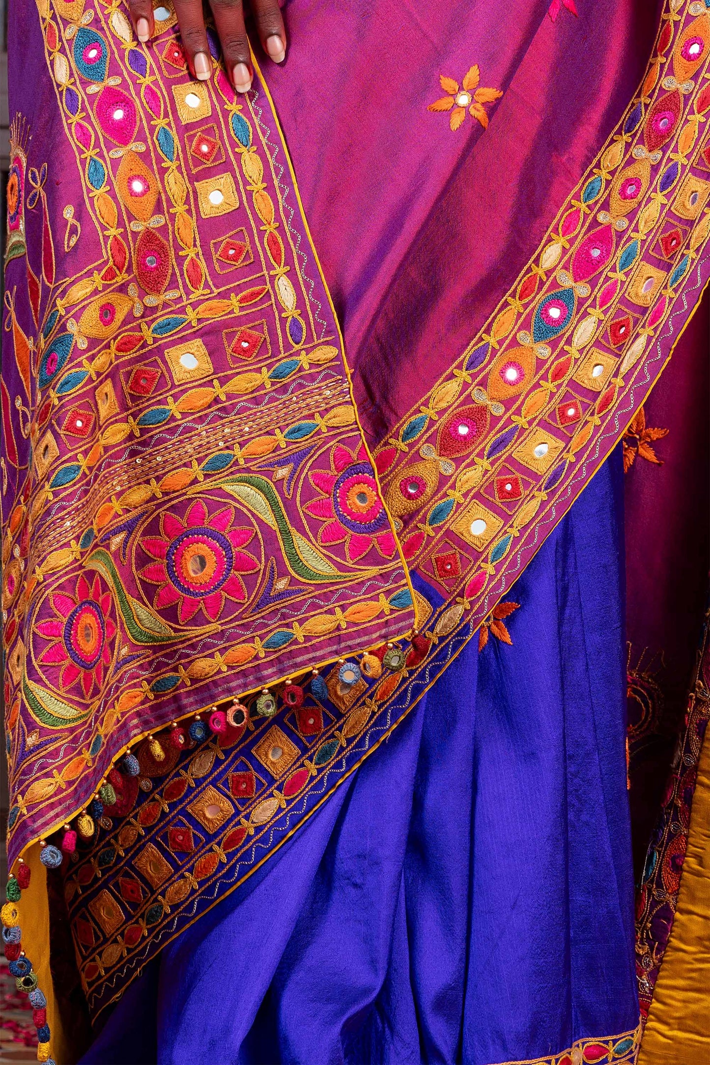 Handcrafted Purple and Blue Silk Saree With Heavy Multicolour Hand Embroidery