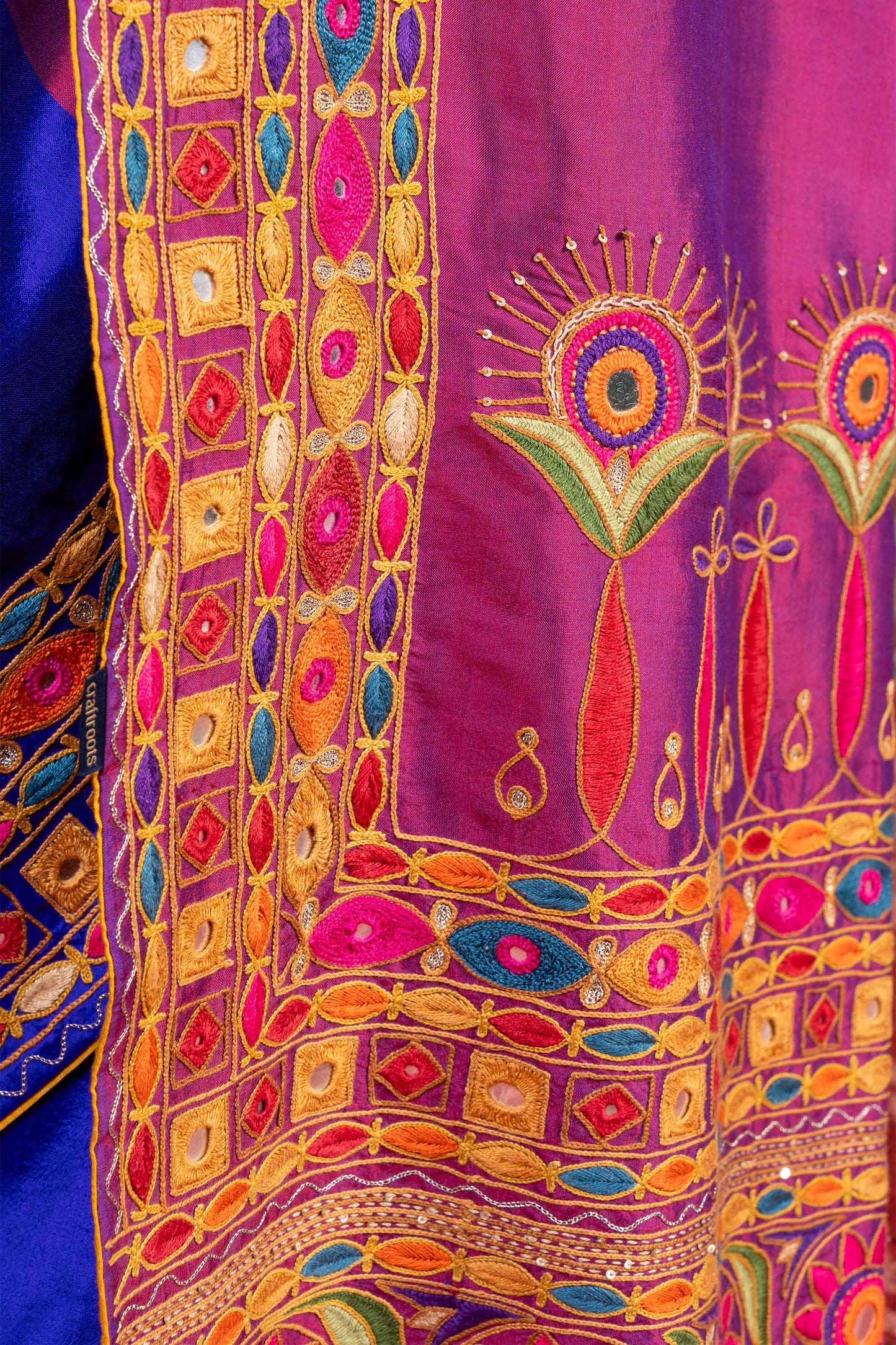 Handcrafted Purple and Blue Silk Saree With Heavy Multicolour Hand Embroidery