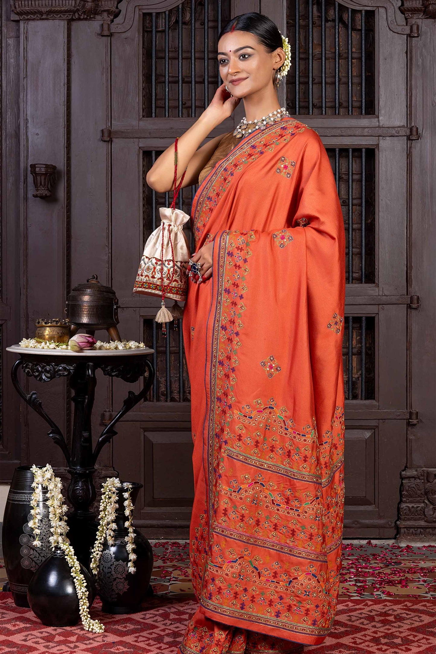 Handcrafted Orange Silk Saree With Fine Khat Embroidery