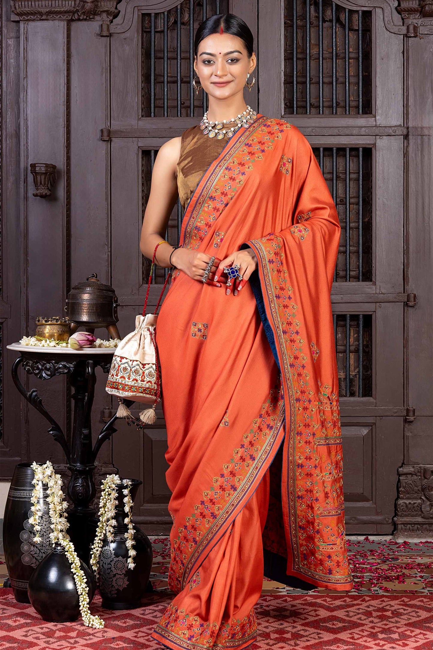 Handcrafted Orange Silk Saree With Fine Khat Embroidery