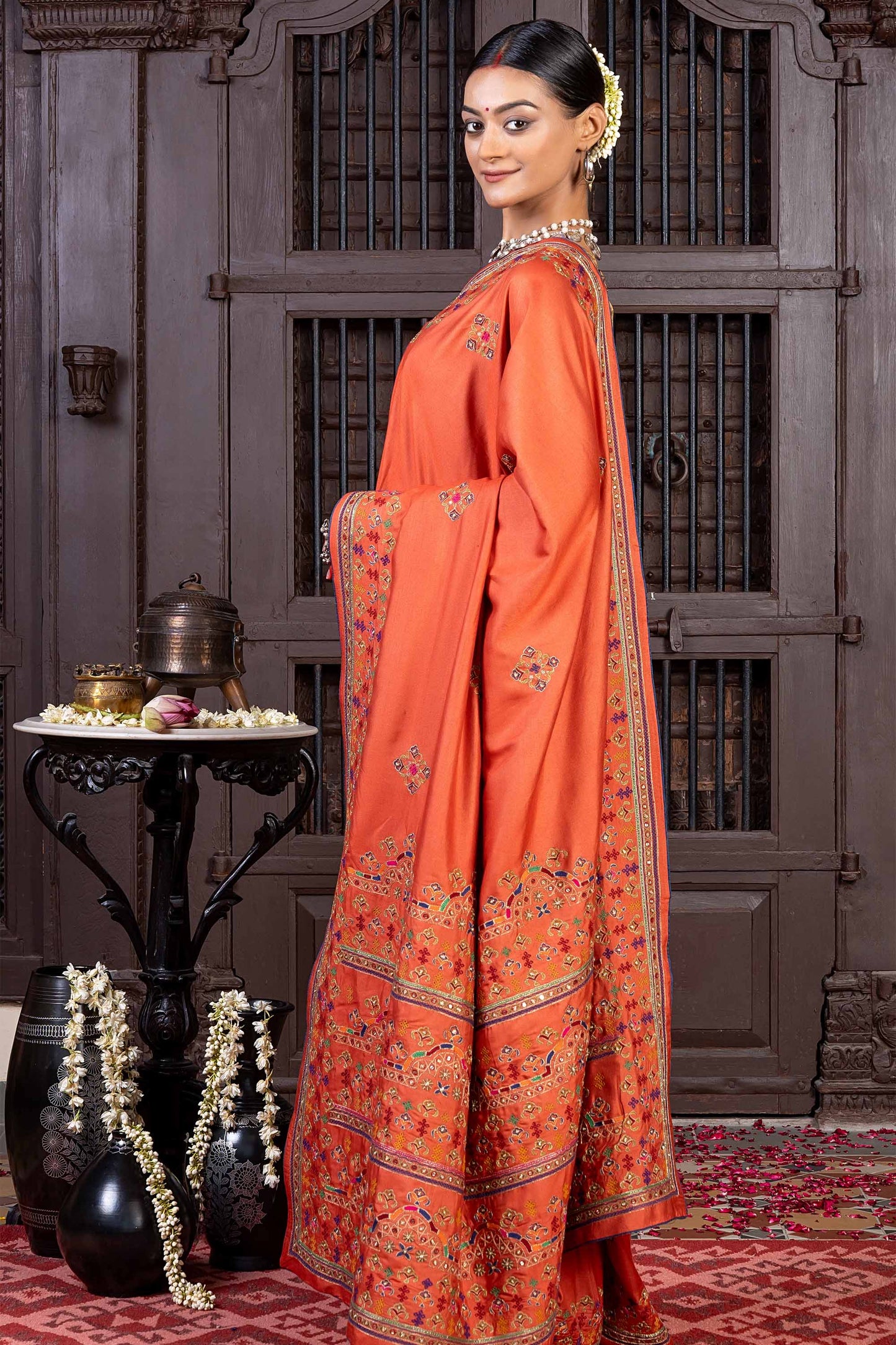 Handcrafted Orange Silk Saree With Fine Khat Embroidery